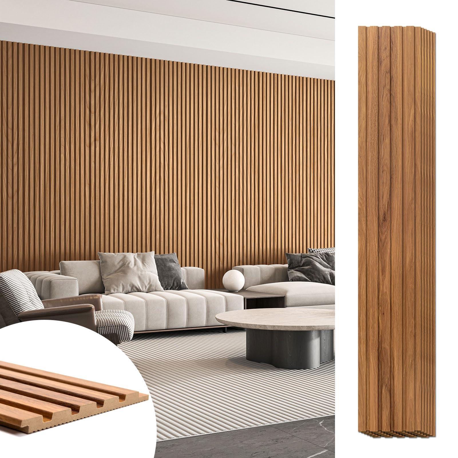 Art3d 6-Pieces Wood Slat Panels for Stylish Interior Decor and Ceiling Decoration,MDF 3D Textured Panel for Ceiling and Wall,Size 94.6 x 7.4 in-Teak