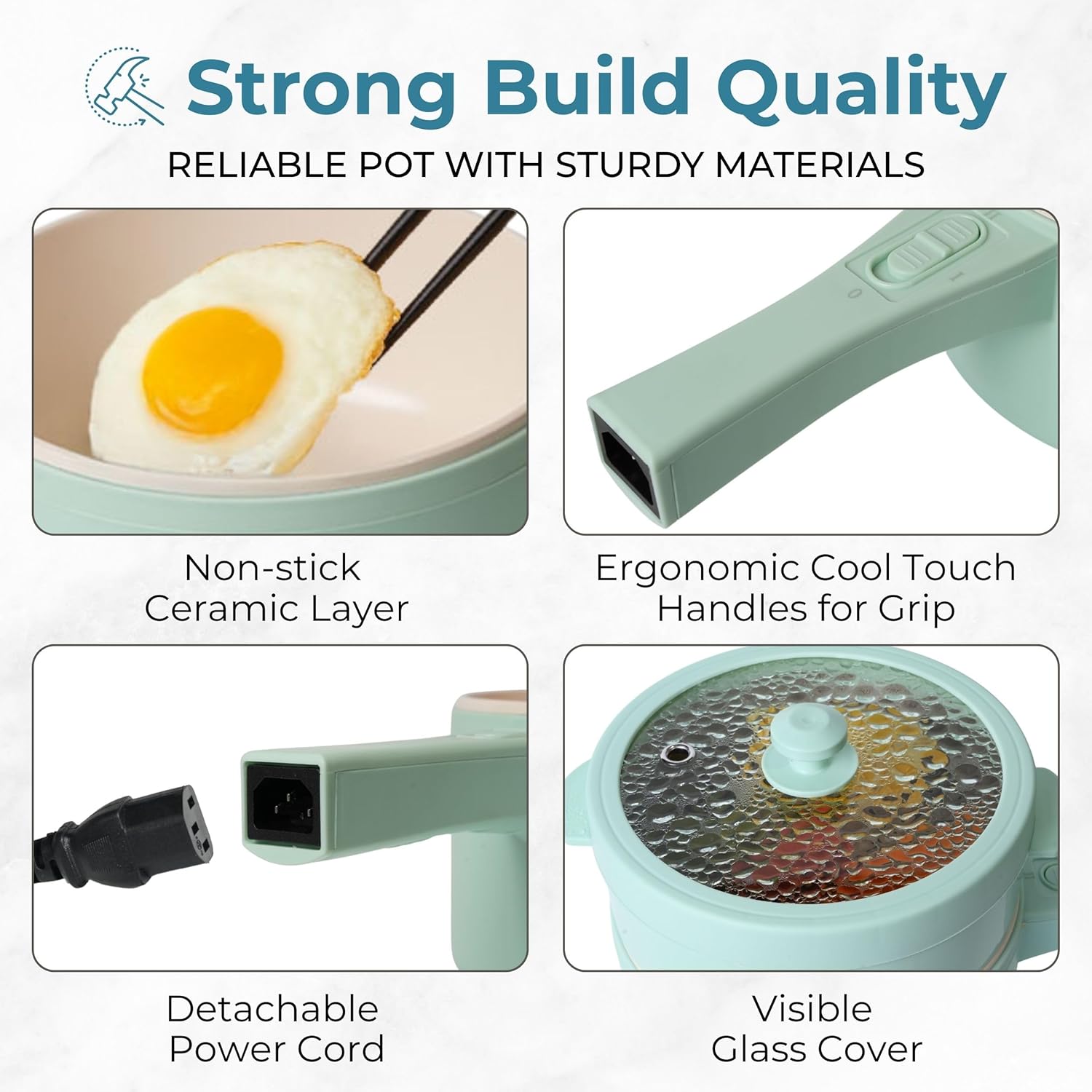 DRINKPOD 2L Electric Hot Pot with Steamer, Portable Multi Cooker for Ramen, Eggs, Soup, Oatmeal Non-Stick Mini Pot with Adjustable Temperature (AQUA GREEN)