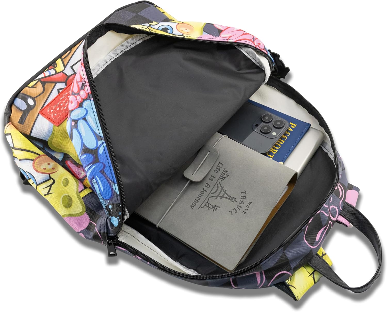 Fast Forward SpongeBob SquarePants Backpack for Teens | 16 Saffiano Leather School Bookbag with Rubber Luggage Tag | SpongeBob Bag for Boys, Girls, Unisex | Officially Licensed Nickelodeon