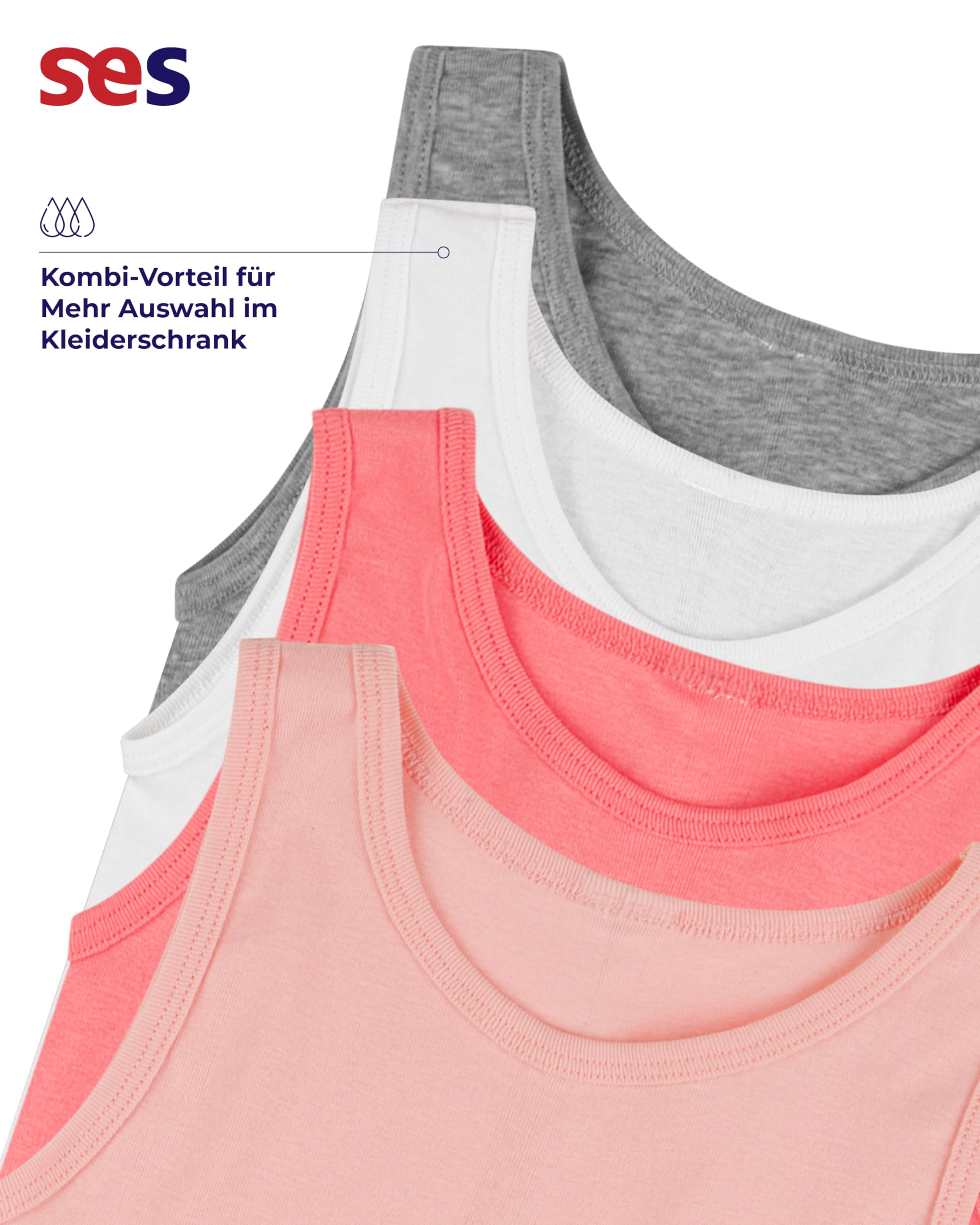SES Lot de 4 maillots de corps pour fille, 100 % coton, en 4 couleurs, 92-182 cm, maillots de corps confortables pour fille, rose et gris, maillot de corps pour enfant/enfant fille