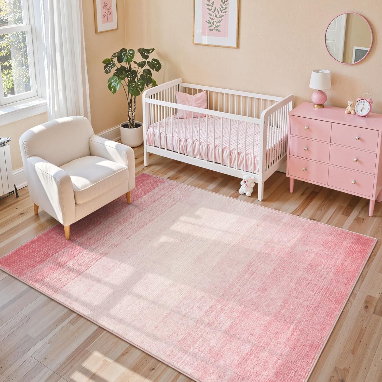 Wonnitar Washable 3x5 Area Rug, Pink Rugs for Bedroom Girls, Contemporary Ombre Nursery Soft Kids Room Rug, Modern Non-Skid Faux Wool Indoor Carpet for Bathroom Dorm Bedside (Pink,3'x5')