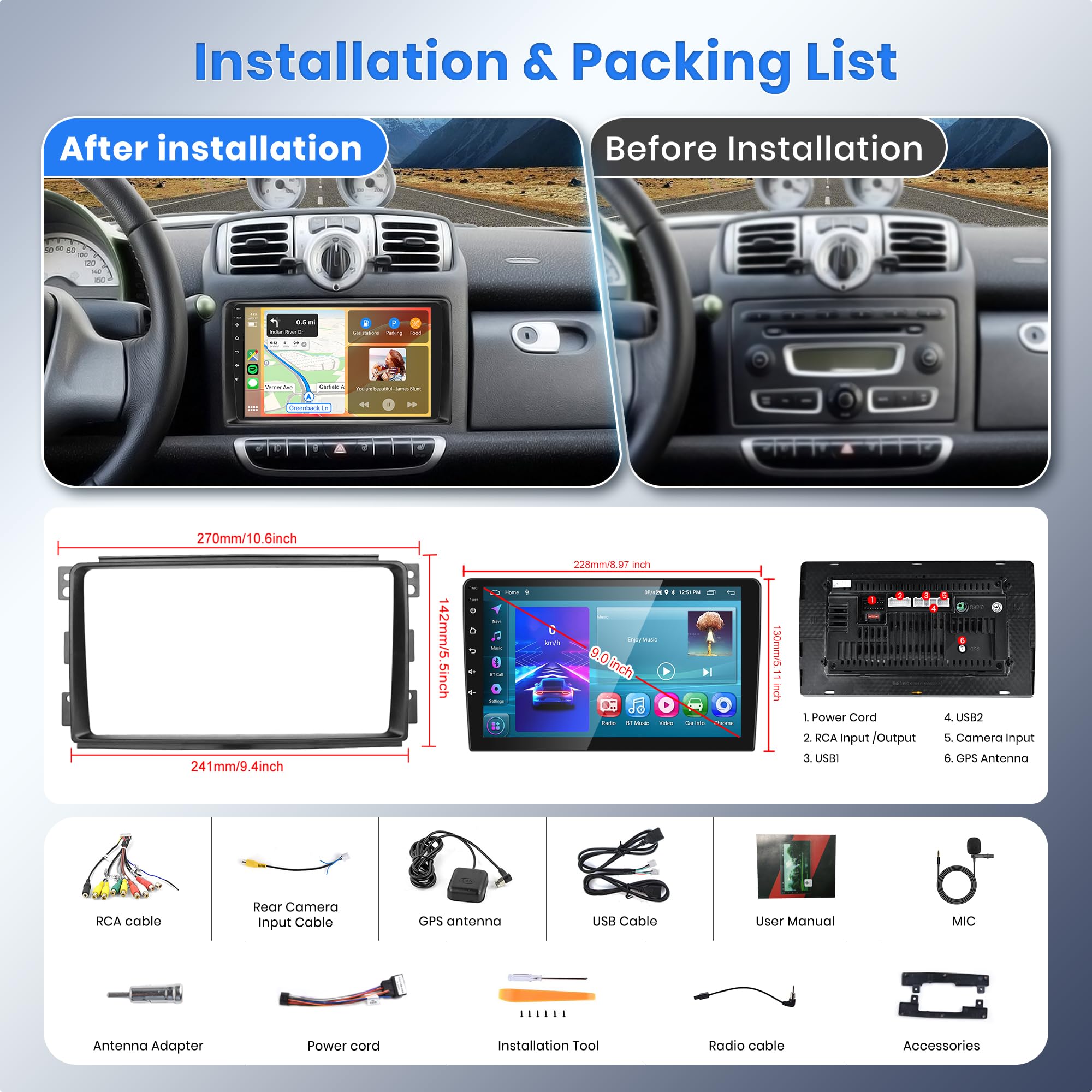 6G+128G 8 Core Wireless Carplay Android 13 Radio de Coche 2 DIN para Mercedes Benz Smart Fortwo 451 2005-2010 9 Pulgadas Radio Coche Android Auto Navi GPS WiFi Bluetooth FM/RDS/DSP EQ Cámara Trasera
