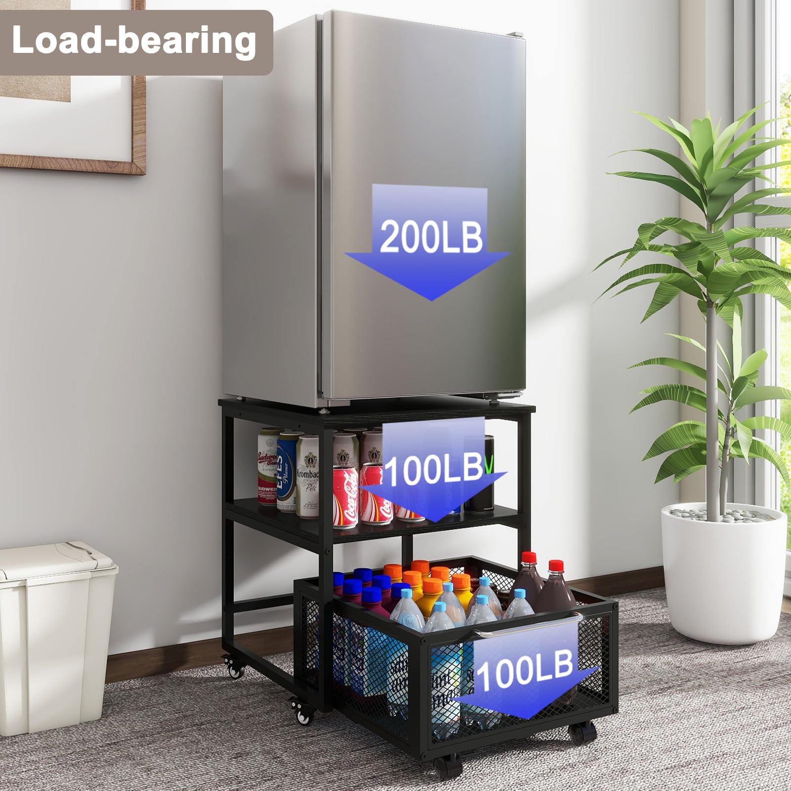 PUNCIA Mini soporte para nevera de 50 x 50 cm con almacenamiento y ruedas, resistente con 4 ruedas bloqueables, soporte para refrigerador, mesa para café, bar, nevera, coche, oficina, hogar,