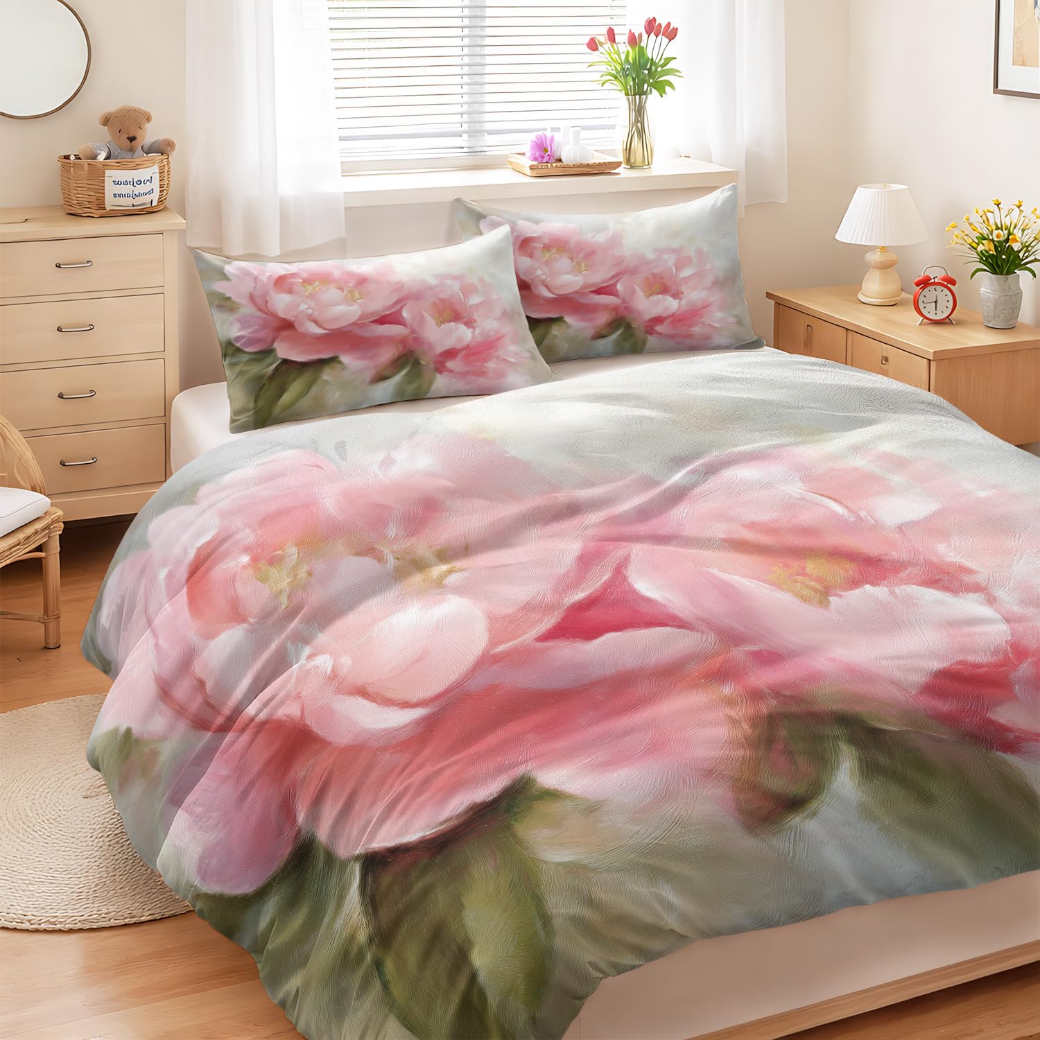 Łóżko 150 Miękki w dotyku Olej Kwiatowy Piwonie Płatki Luksusowy Klasyczny Odporny Na Zmarszczki Zestaw Pościeli Do Sypialni Lady Różowy 220 x 240 cm