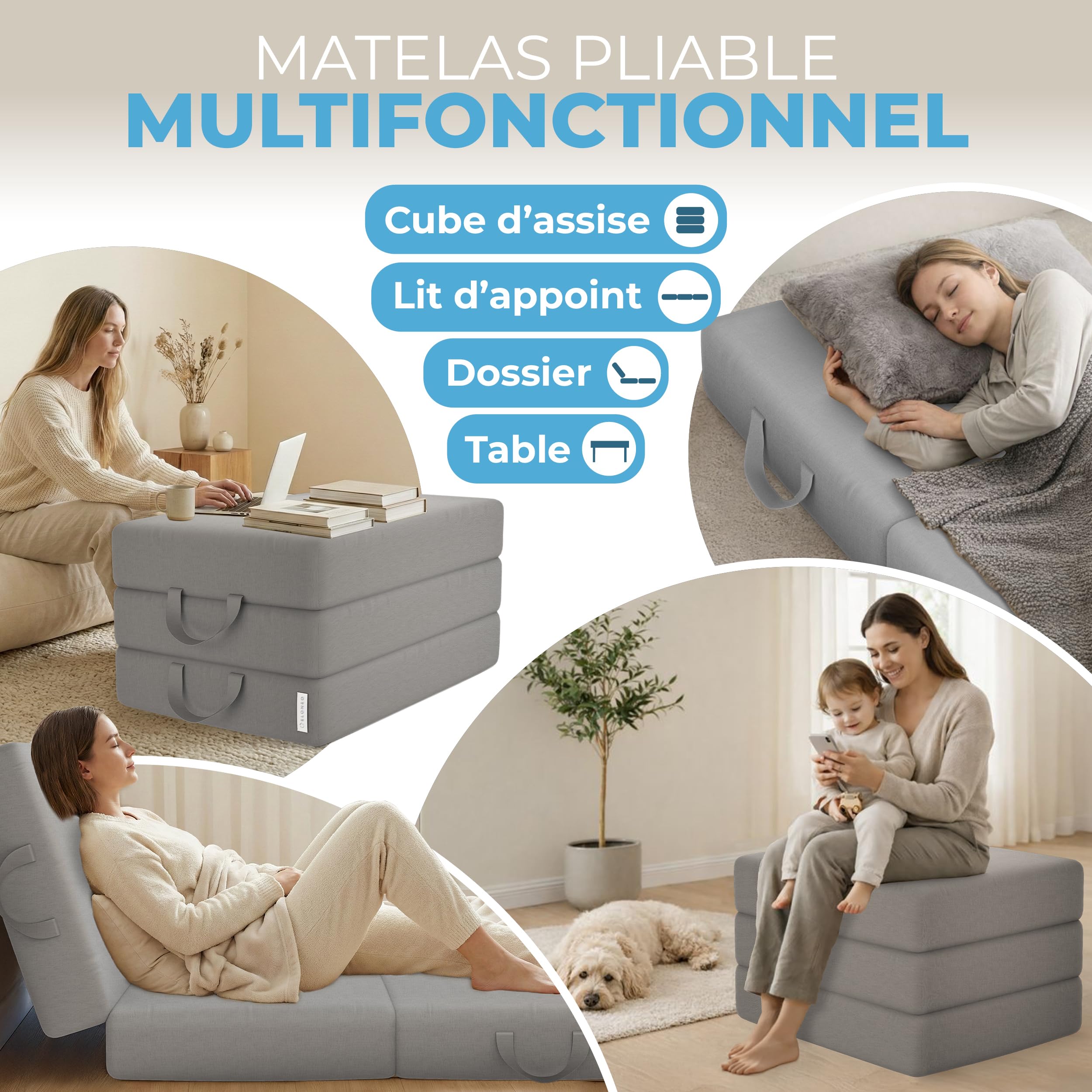 ELONEO Matelas Pliant, Matelas d'Appoint Pliable en 3 Parties, Mousse Extra Épaisse (15 cm), Lavable, Cube Intervertébral, Matelas Pliable, pour Adulte, 1 Personne (Gris, 90 x 200 x 15 cm)