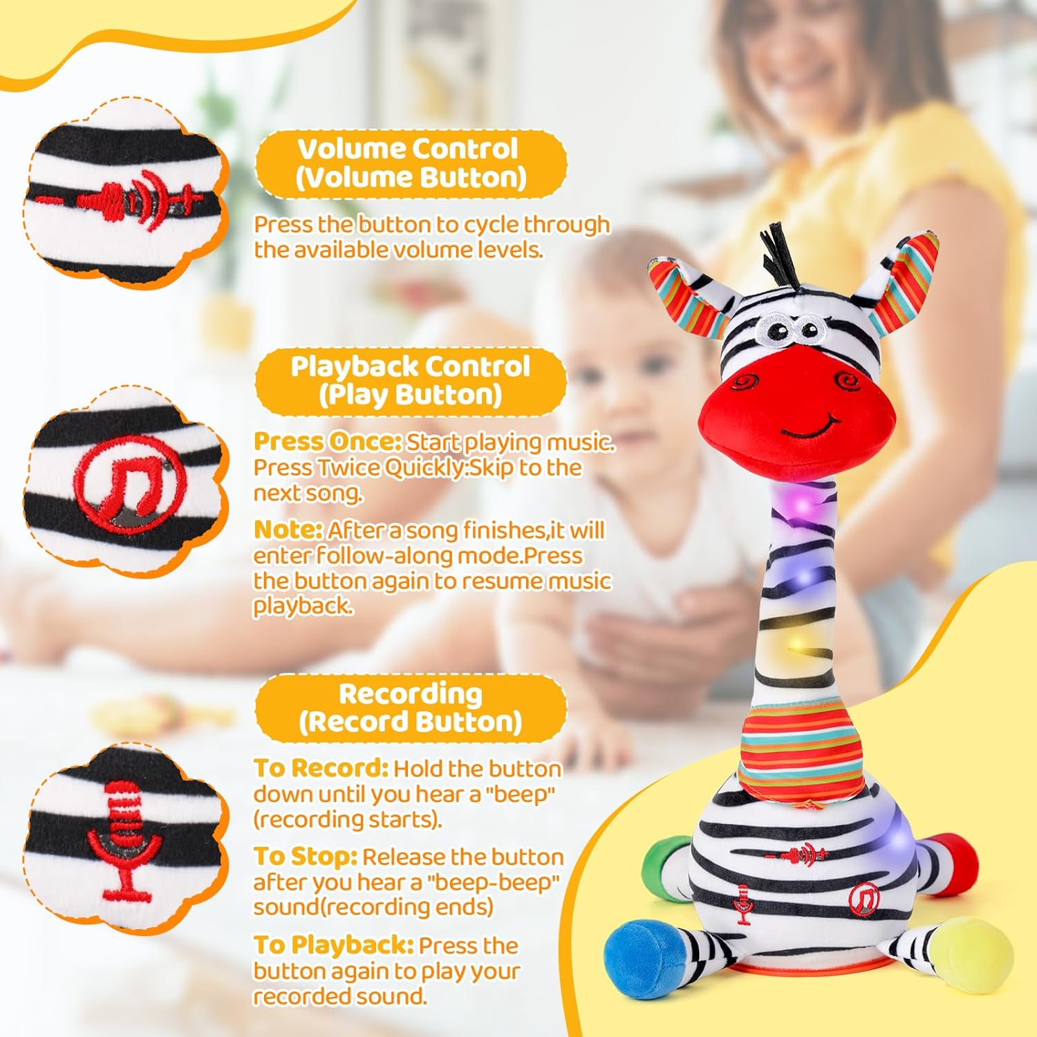 Dancing Talking Zebra Toy,Interactive Mimicking Repeating Zebra Plush Toy,Funny Gift Infant 6-18 Months,10 Children's Song,Tummy Time Toy Zebra Stuffed Animal for Toddlers 1 2 3 Year Old Boy Girl
