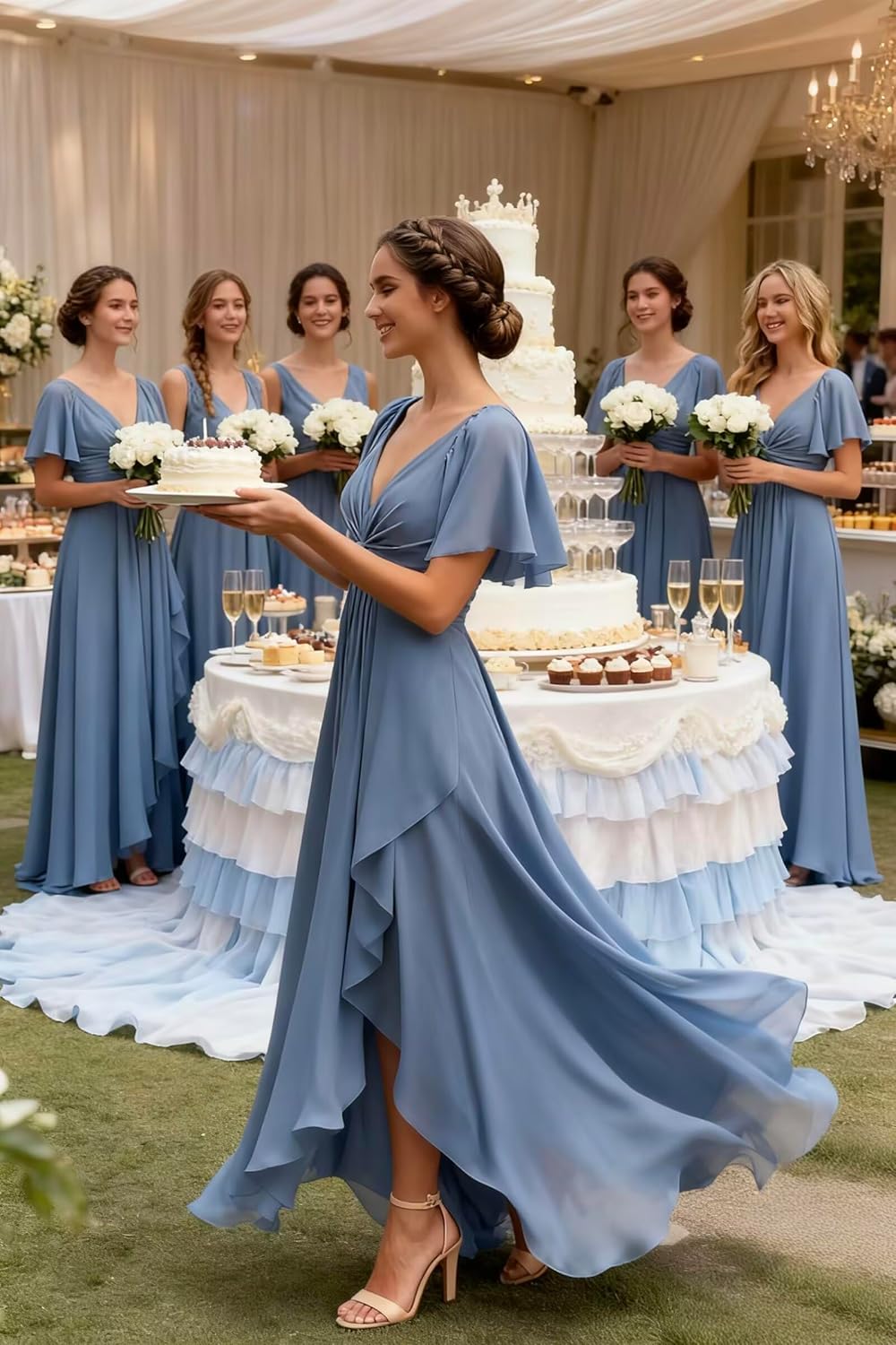 Flutter Sleeve Bridesmaid Dress for Women Twist Ruffles Chiffon Prom Dresses Slit V-Neck Formal Party Gowns KO044 - Image 6