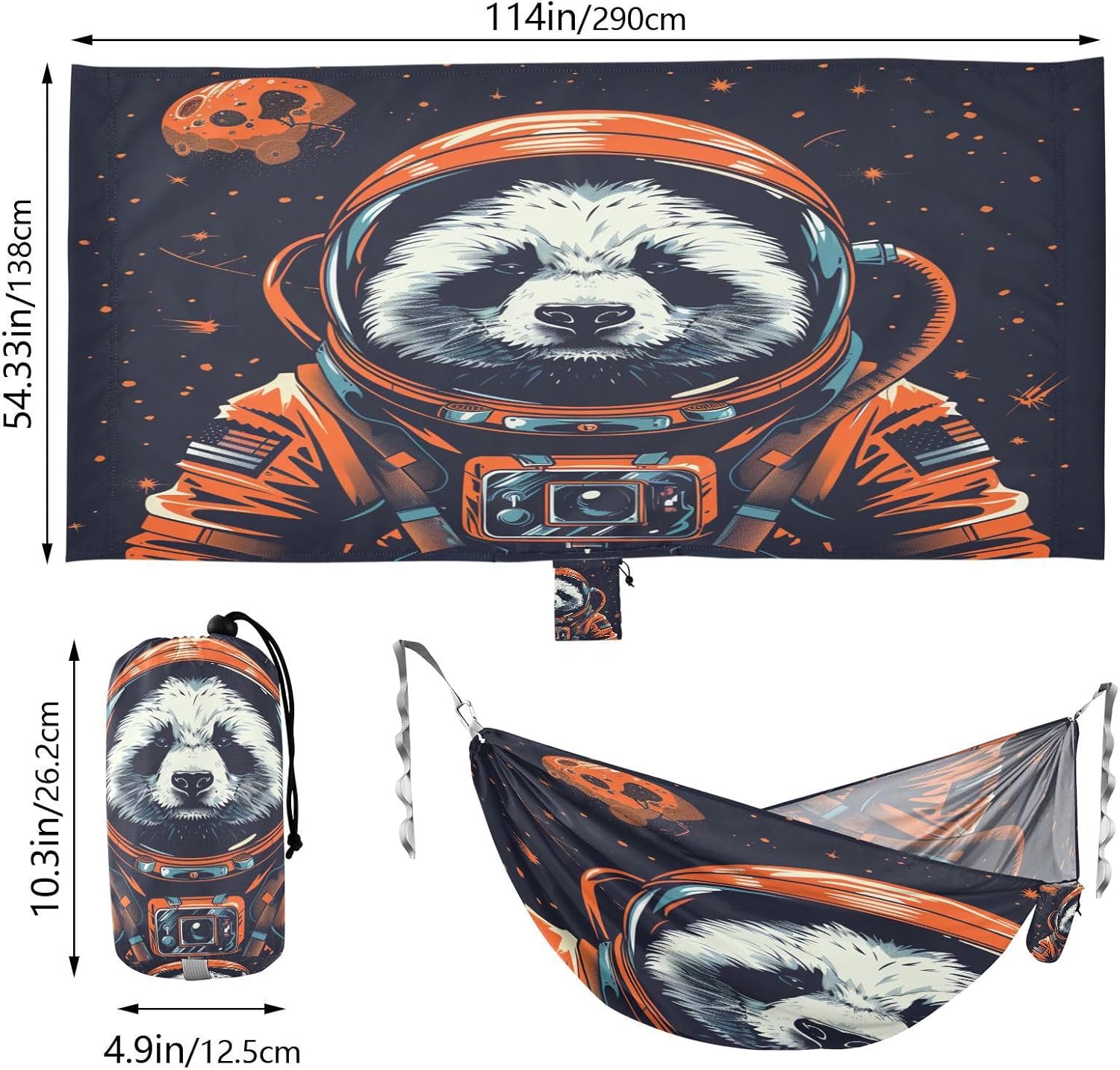 ALAZA Panda Astronaut Space Camping Hammocks Single or 2 Person 500 lbs Portable Parachute Travel Hammock w/Tree Straps for Hiking Backpacking Indoor Outdoor