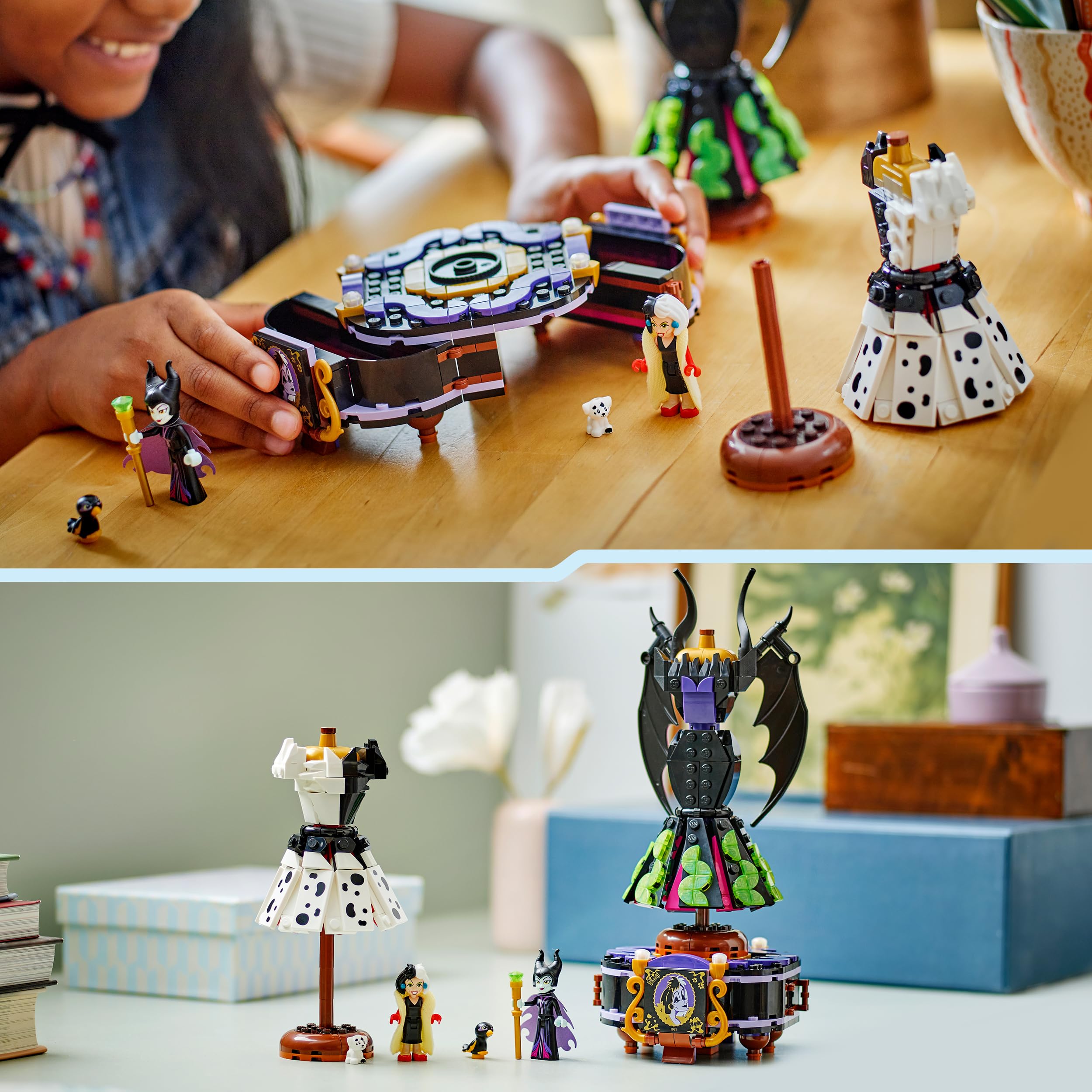 LEGO ǀ Disney Suknie Diaboliny i Cruelli De Mon 43262 | 2 sukienki i 2 minilaleczki, zabawka dla 9-latki, kreatywny prezent dla fana Disneya, zestaw klocków dla dzieci, 524 elementy