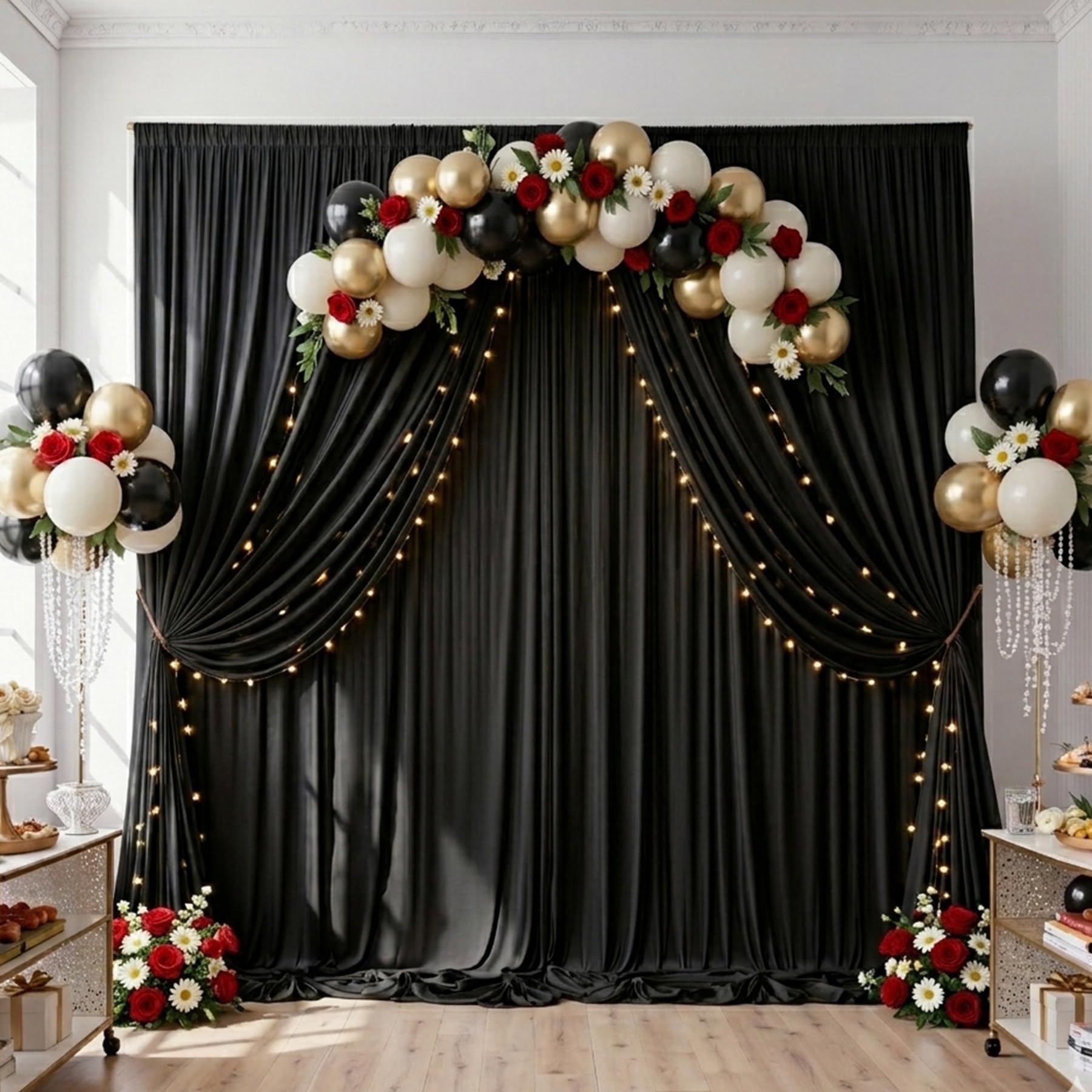 Photo 1 of 10ftx10ft Black Backdrop Curtain for Parties, Wrinkle Free Silky Polyester 2 Panels 5x10ft Photo Backdrop Drapes Back Drop Cloth Draping Fabric for Weddings Birthday Photoshoot Photography Background