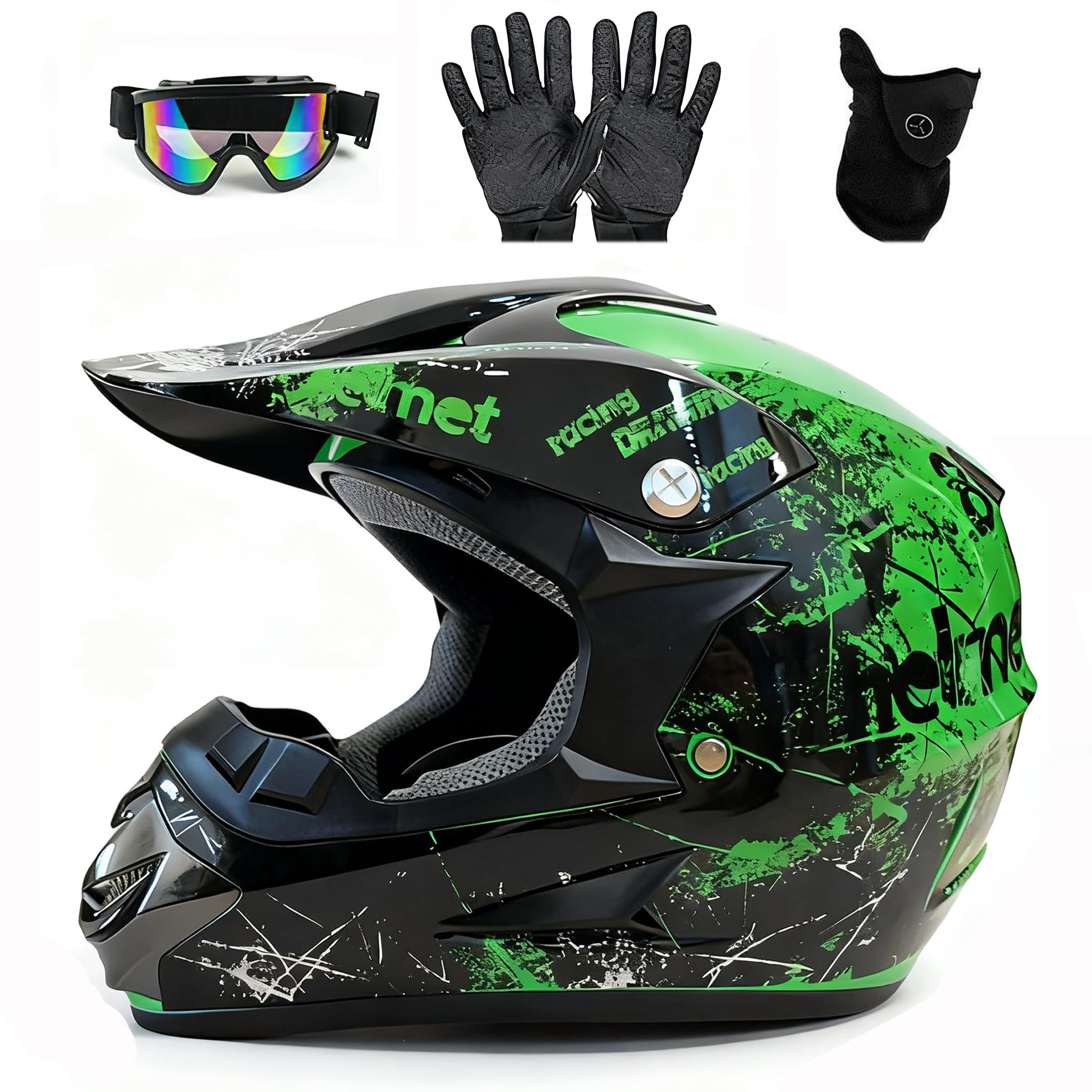 Casque de motocross, casque de moto tout-terrain pour jeunes, tout-terrain, BMX, 4 roues, avec gants, lunettes et masque