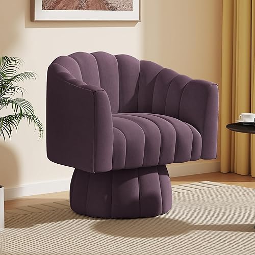 Accent Chair Mid Century 360 Degree Swivel Chair,Modern Lounge Sofa Round Barrel Chair with Wide Upholstered,Fluffy Velvet Fabric Chairs for Home Sofa Living Room/Bedroom/Waiting Room(Purple)