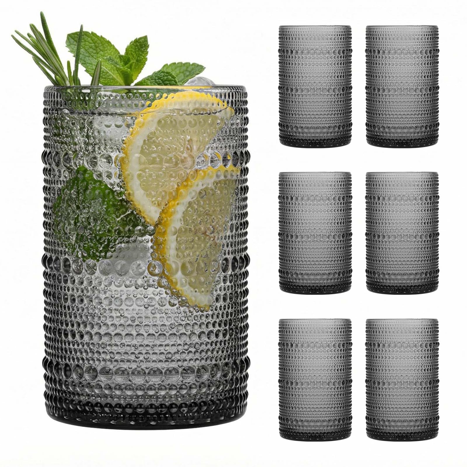 Moretoes 15oz Gray Hobnail Drinking Glasses Set of 6