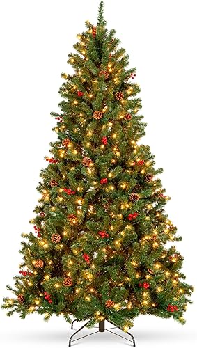 Best Choice Products Árbol de Navidad artificial de abeto preiluminado de 4.5 pies con bisagras con 398 puntas, 22 piñas, 22 bayas, 150 luces, base