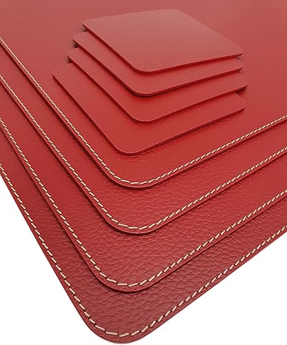Miniatura 5 de Nikalaz Juego de manteles individuales y posavasos rojos, 4 manteles y 4 posavasos, cuero reciclado, manteles individuales de 18 x 13 pulgadas y