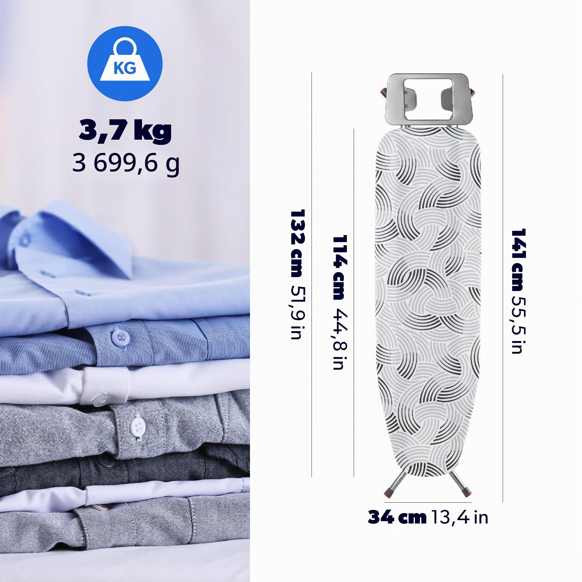 KADAX Planche à Repasser compacte - 114 x 34 cm Gris M - pour Repassage Confortable sur Grille métal - Repose-Fer et Housse Coton avec Mousse 5 mm Hauteur réglable Pieds antidérapants fabriquée UE