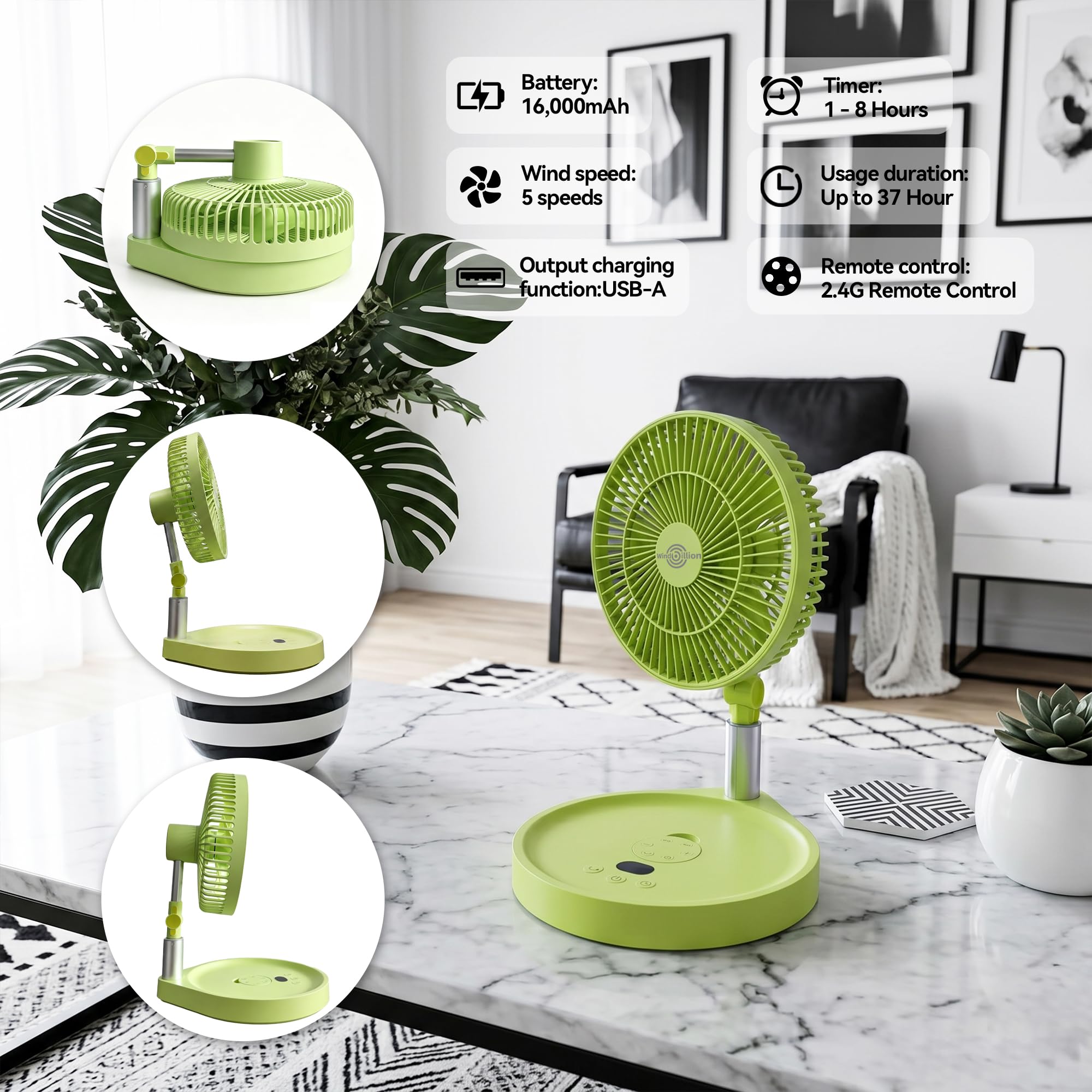 Ventilateur portable rechargeable, H6 pliable sur pied et de bureau, 16 000 mAh, design pliable sans fil avec télécommande, 5 vitesses, flux d'air silencieux, USB-C, banque d'alimentation