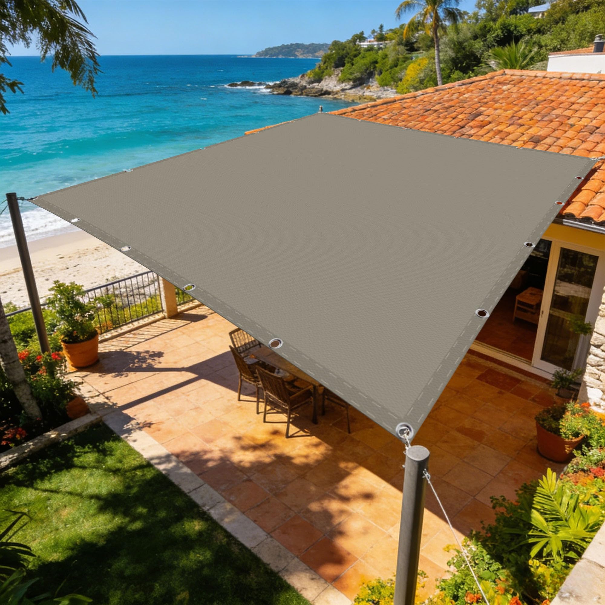 Toile imperméable voile d'ombrage pour jardin et patio ambiance été taupe 1.2x9m