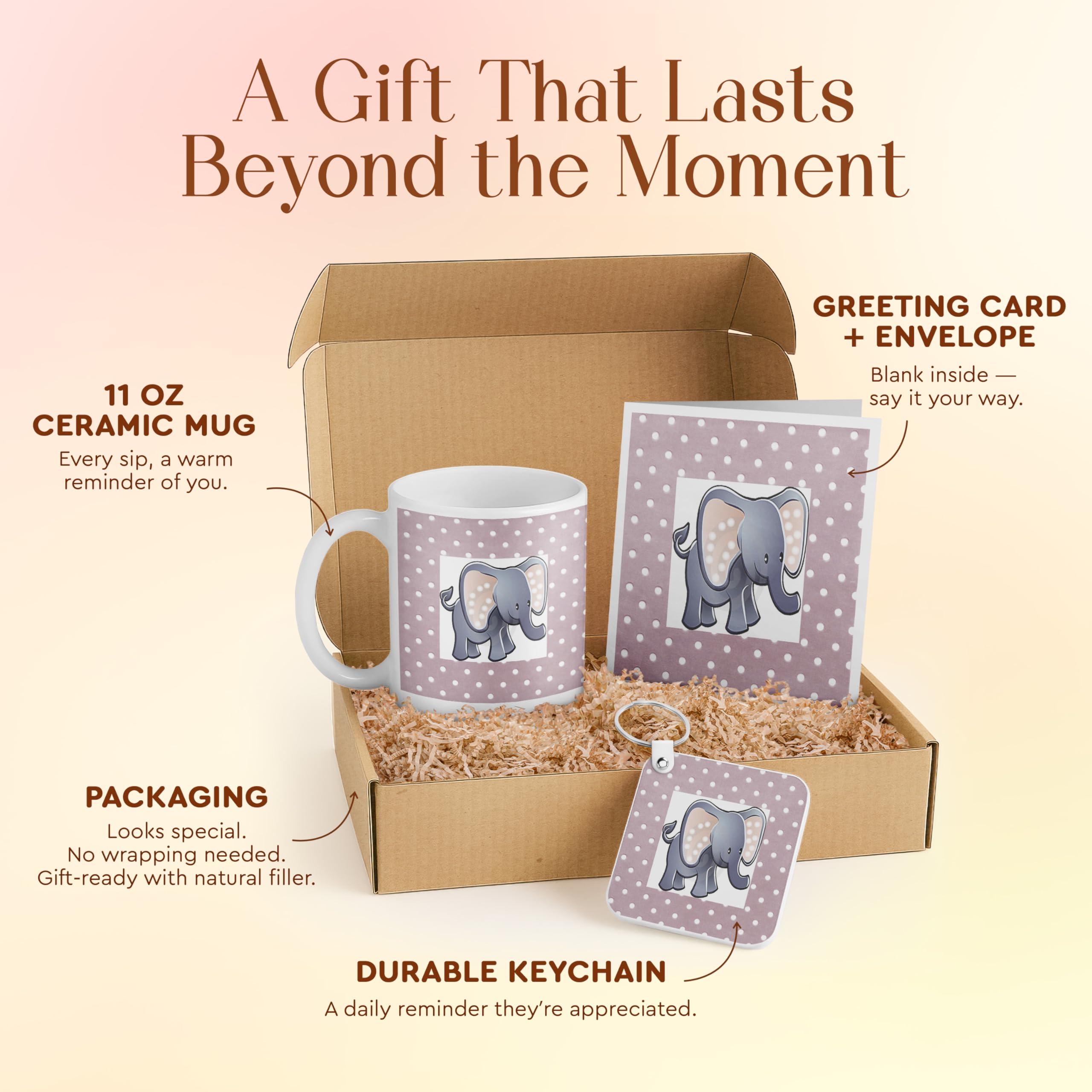 3dRose Cute Elephant Gift Set for Kids - Mug, Card, and Keychain - Dotted Pink Elephant Design - Perfect for Baby Showers and Birthdays