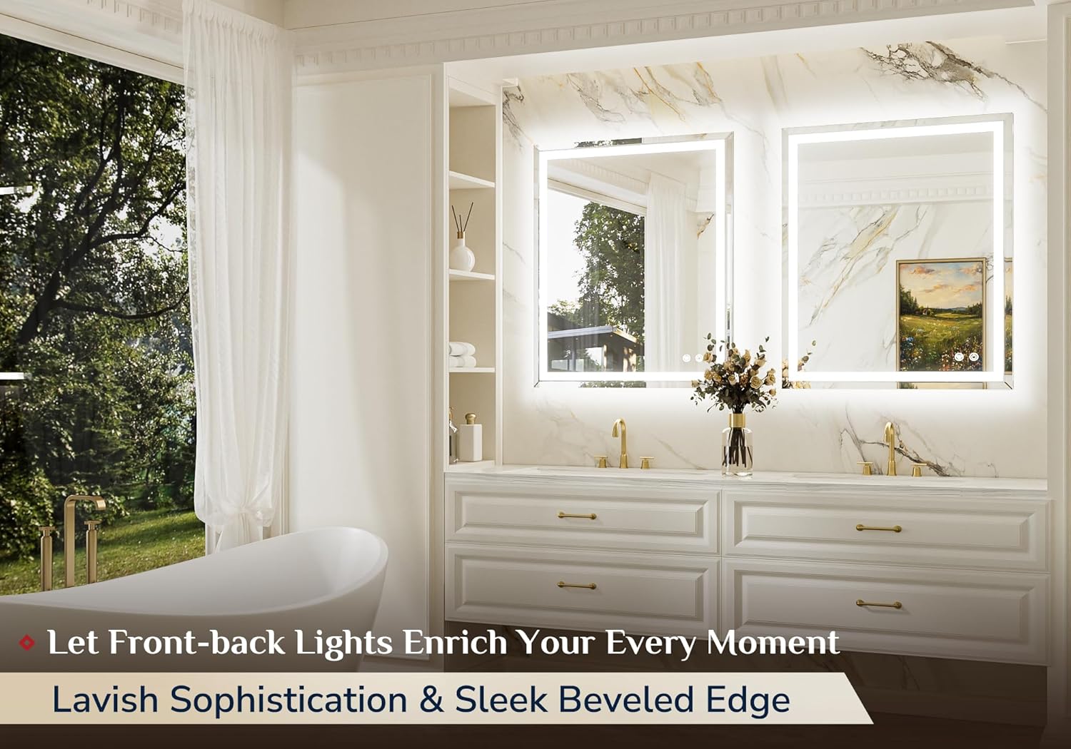 Keonjinn 30" x 36" Beveled Lighted Mirrors for Bathroom Wall, LED Bathroom Mirror with Lights, Frontlit & Backlit, Dimmable 3-Color Lights, Anti-Fog Tempered Glass Vanity Mirror, UL Listed LED Driver