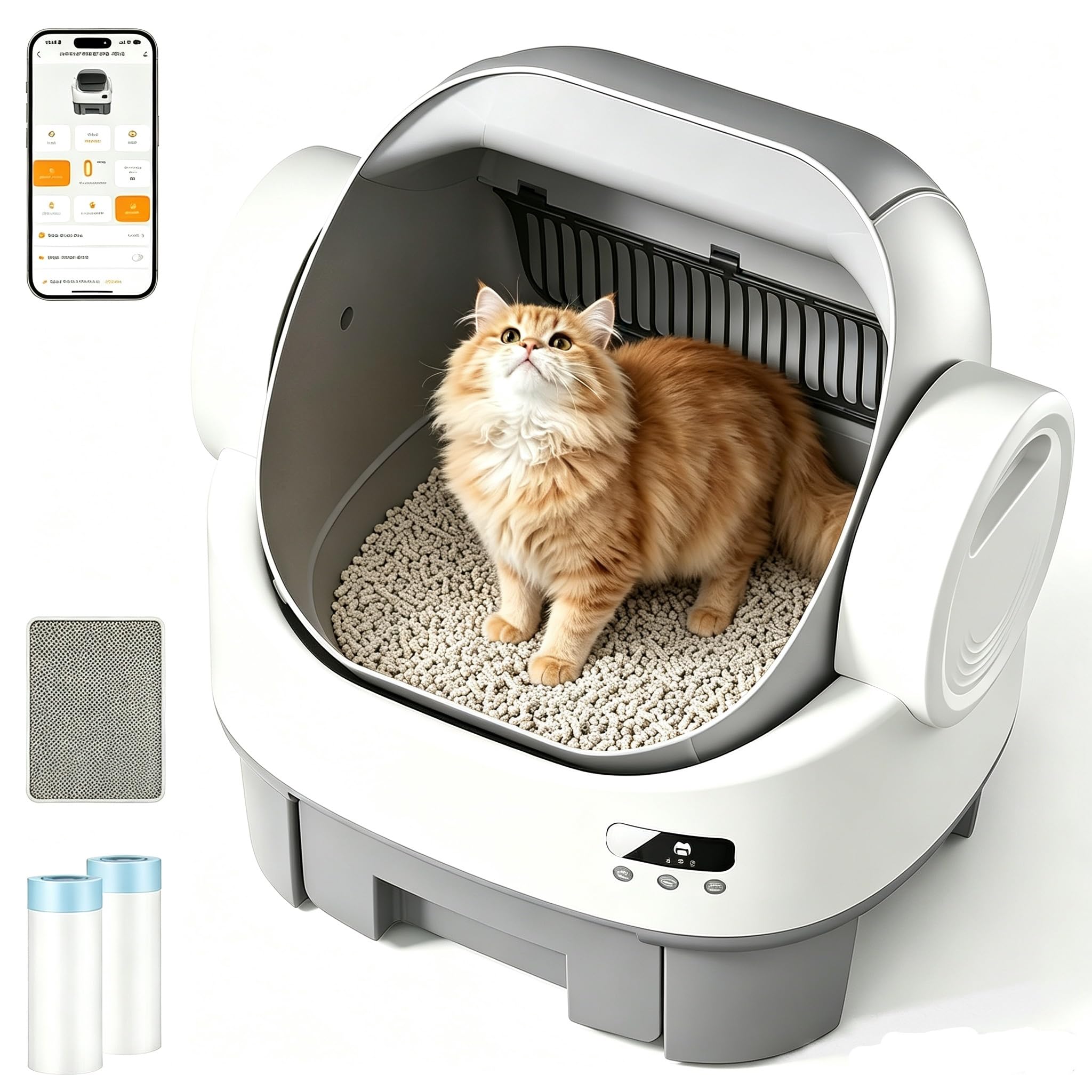 Lettiera Gatto Autopulente con APP, Lettiera autopulente per gatti di base | Sistema di Autoinversione, Sensori Multipli, Cassetto Feci 12L per 10 Giorni, per Gatti da 1.5 a 10kg, con Pedana e Tappetino