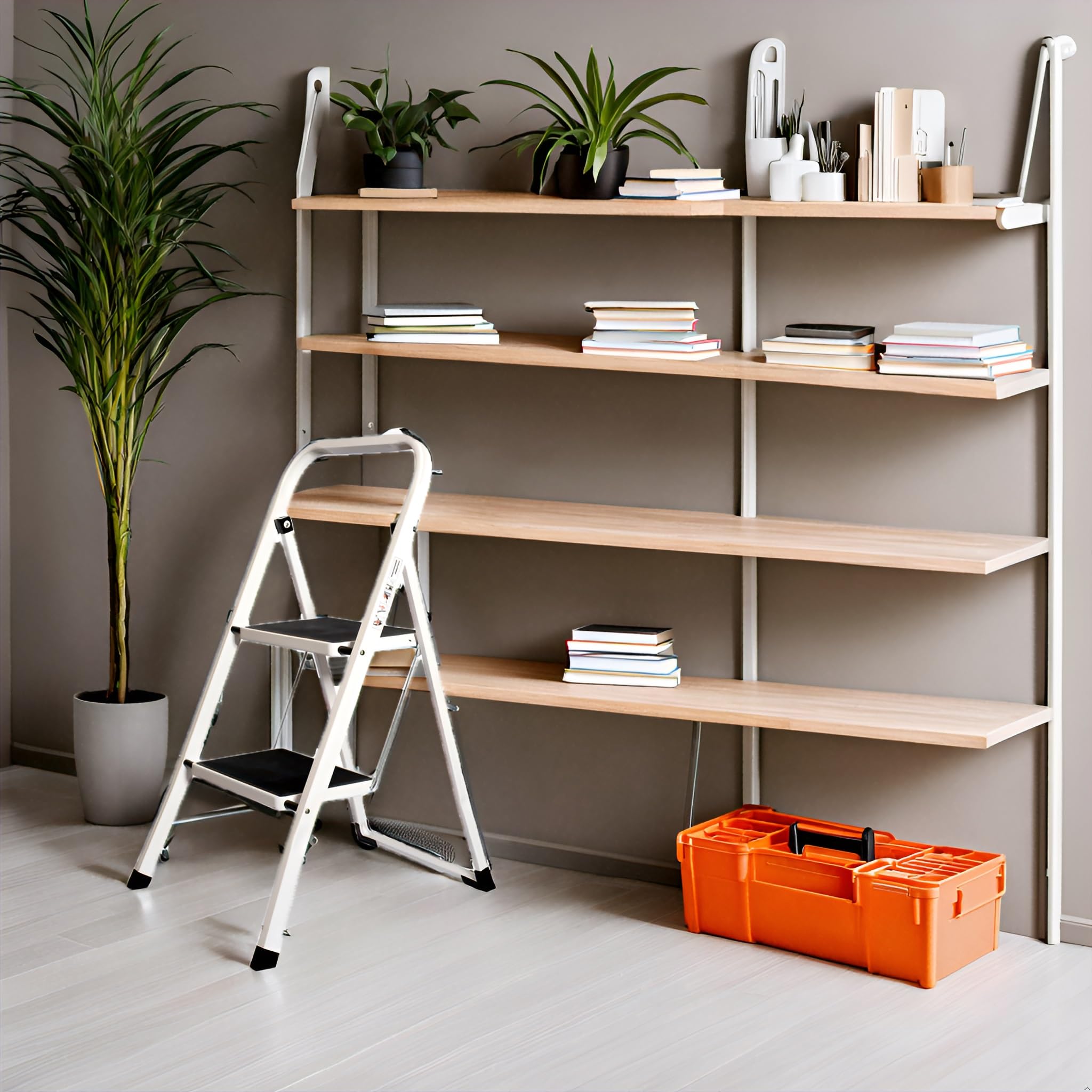 Escalera Plegable, Escalera 2 peldaños, domestica para hogar, Antideslizante, multifuncion, Resistente, 52.5x47x82.5cm 4kg (2 PELDAÑOS) Blanco