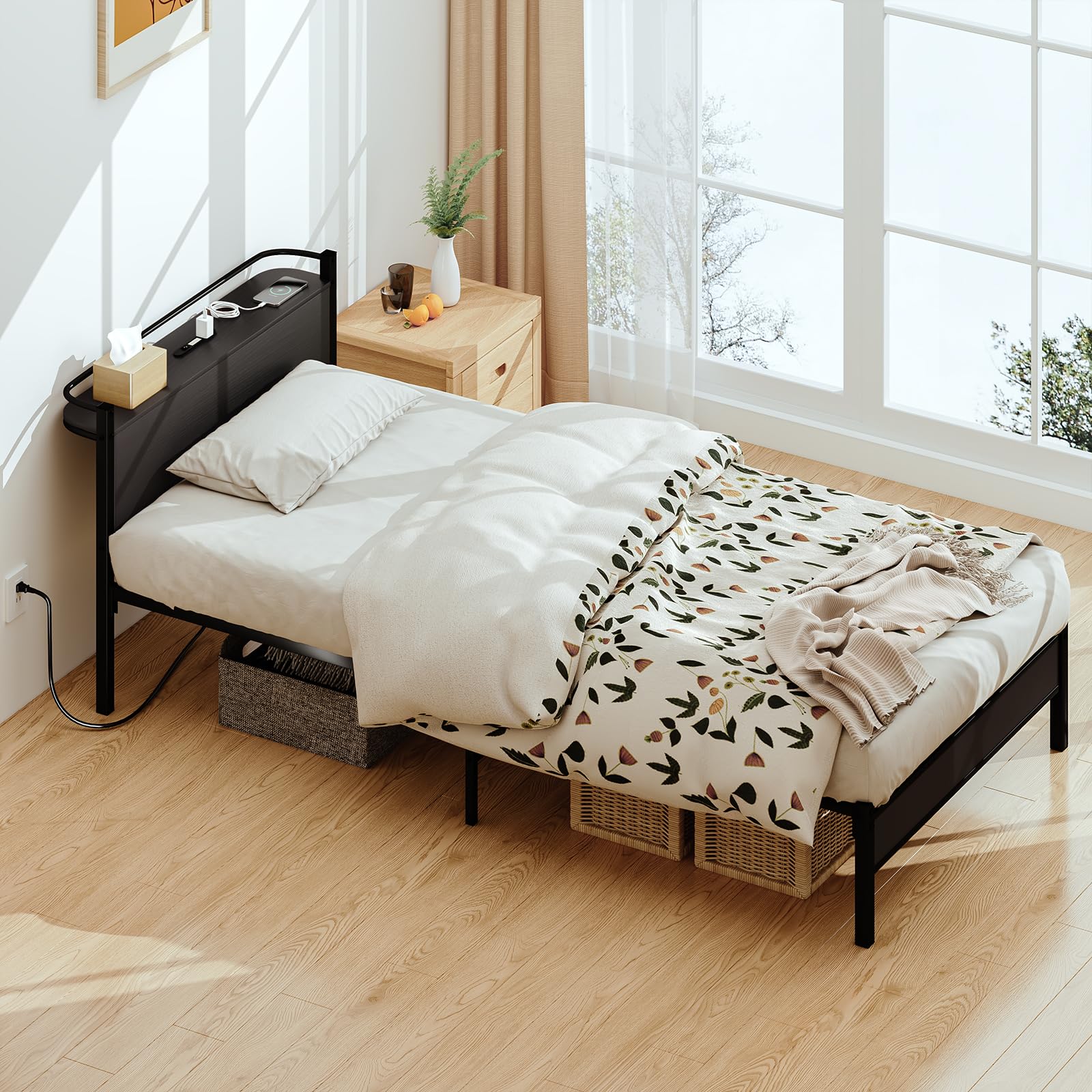 LunarLight スチールパイプベッド ベッドフレーム 幅97.5奥行き217.5高さ69.5cm すのこ 静音 シングル bed frame コンセント付き LEDライト付き 宮棚付 通気性 耐久性 総耐荷重400kg ベッド下収納 頑丈 組立簡単 シンプル おしゃれ ヘッドボード付き (黒 ヘッドボード付き)
