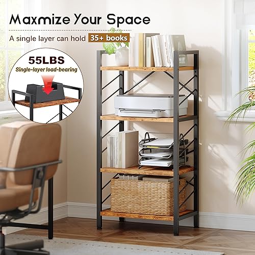 Miniatura 5 de Estantería de 4 niveles, estantería industrial con marco de metal y barras laterales, estantería pequeña para dormitorio, oficina en casa y sala de