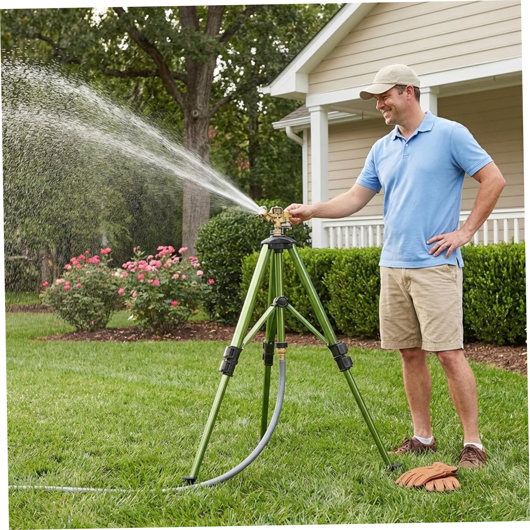 Irrigatore a treppiede, Irrigatore per carichi pesanti con altezza regolabile, Testa in ottone a 360 gradi per irrigazione di prati e giardini di grandi dimensioni.