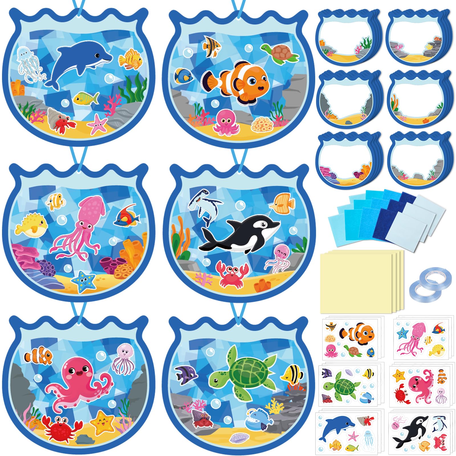 36PCS Summer Activities Crafts Bulk: Sea Animal Ocean Scene Paper Suncatchers, Under the Sea Party Fish Stickers DIY Kit School Classroom Decorations,