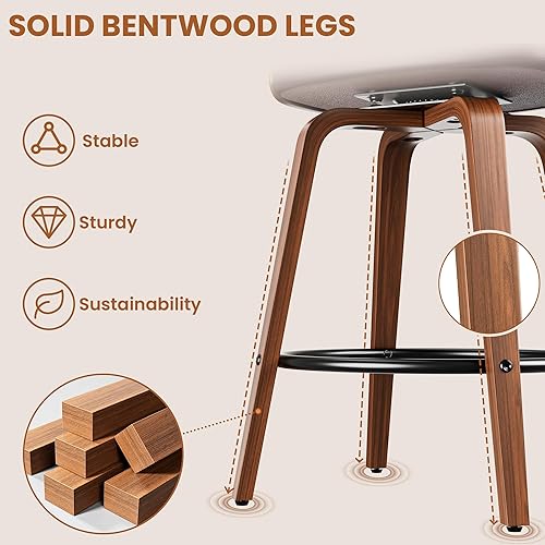 Miniatura 8 de Juego de 2 taburetes de bar de 26 pulgadas de altura de mostrador con patas de madera curvada, taburetes giratorios con respaldo, taburetes de bar