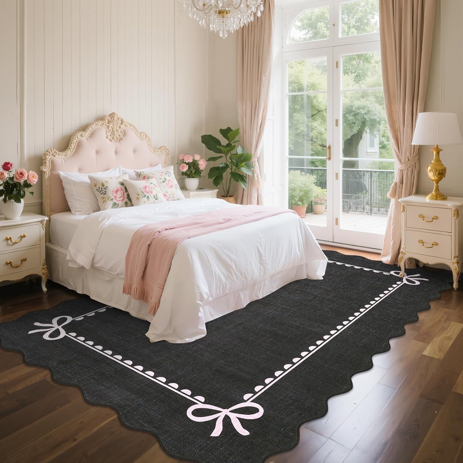 garveehome scalloped bow rug for living room, solid rug for dorm, washable rugs 8x10 soft low pile non slip scalloped rugs for nursery college bedroom decor kids room playroom, black pink black pink 8' x 10' (rectangular)