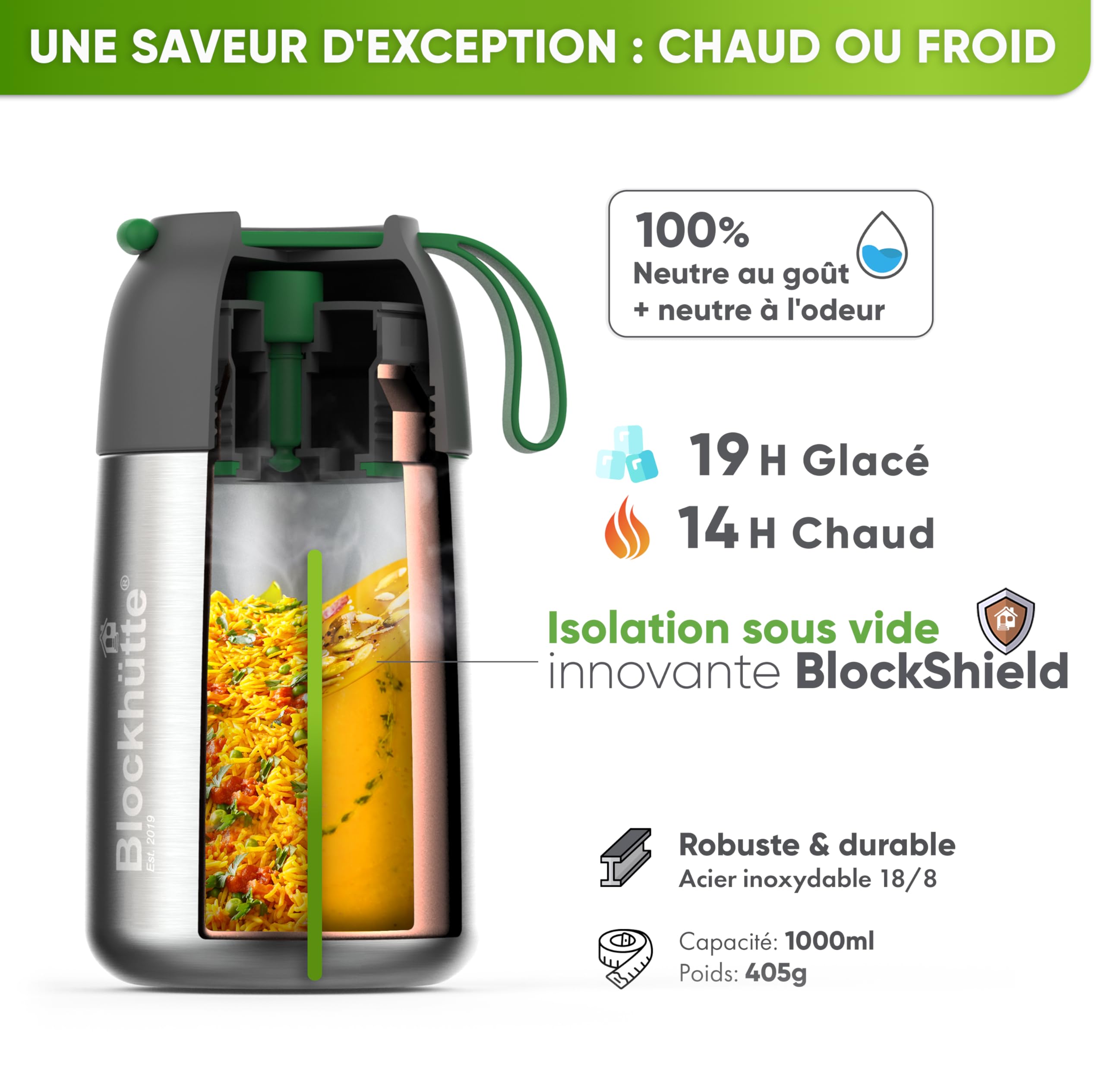 Blockhütte Boite Alimentaire Isotherme en Acier Inox 1L - Thermos Alimentaire, Étanche - Garde les repas chauds jusqu'à 14h - Thermos Lunch Box idéale pour tous les plats - vert foncé