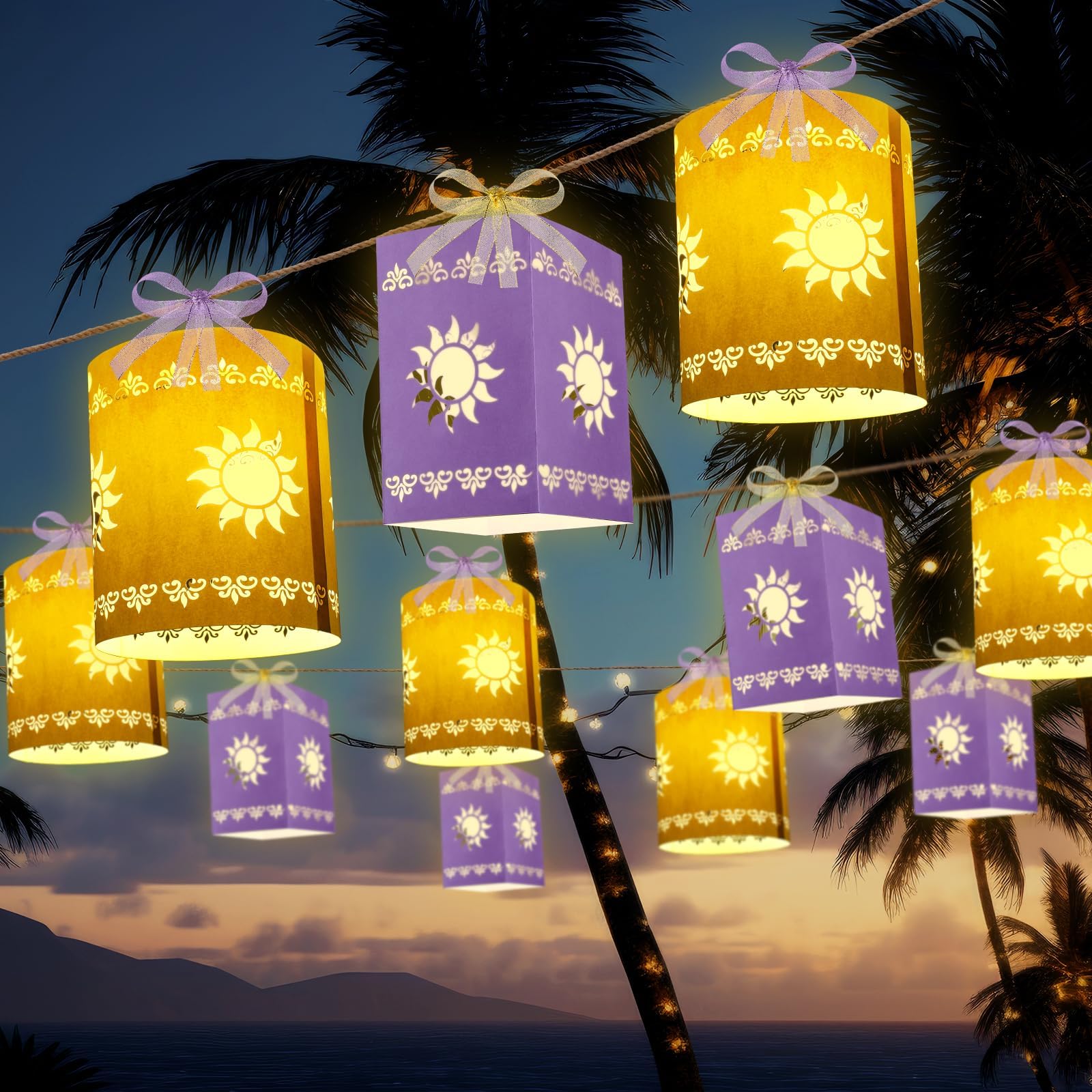 Photo 1 of 30 Pack Princess Sun Hanging Lanterns DIY Set Purple Golden Princess Square Round Paper Lanterns Purple Sun Party Decorations for Birthday Baby Shower Wedding Party Supplies Photo Props