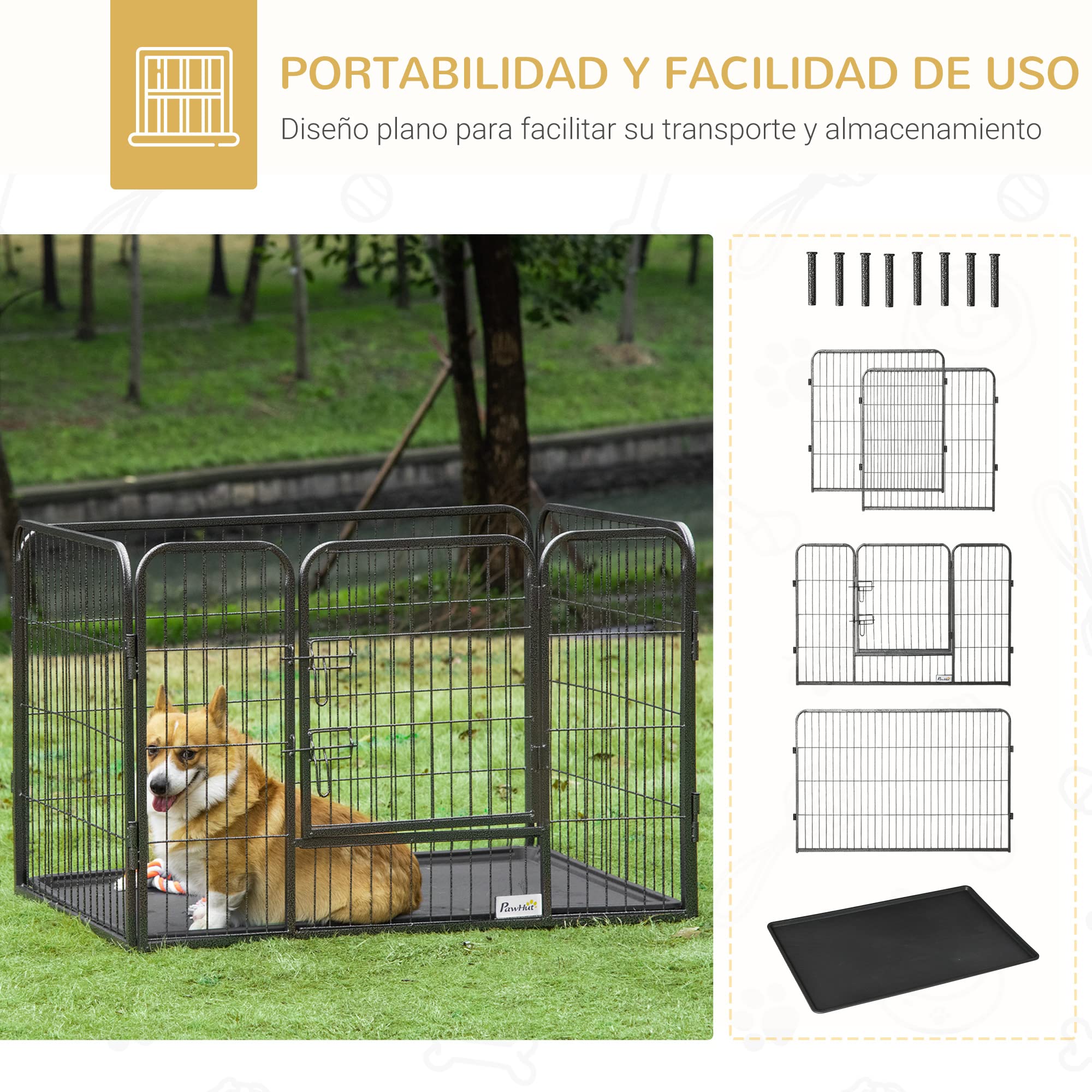 PawHut Box per Cani Recinzione in Metallo per Animali con 4 Pannelli, Porta con Doppio Blocco e Vassoio sul Fondo, 109x74x71cm, Grigio