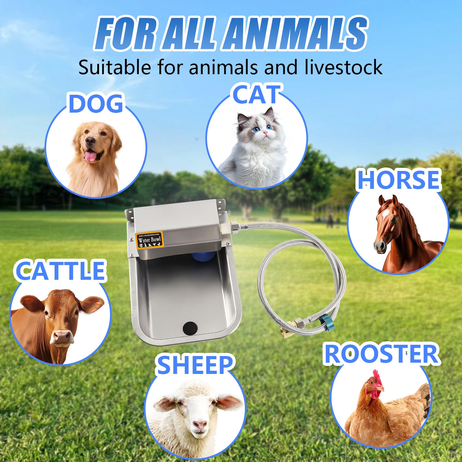 Abreuvoir Automatique en Acier Inoxydable, Abreuvoir 3L avec tuyau d'eau de 1m, pour Chevaux, Bovins, Moutons, Chiens, Poules