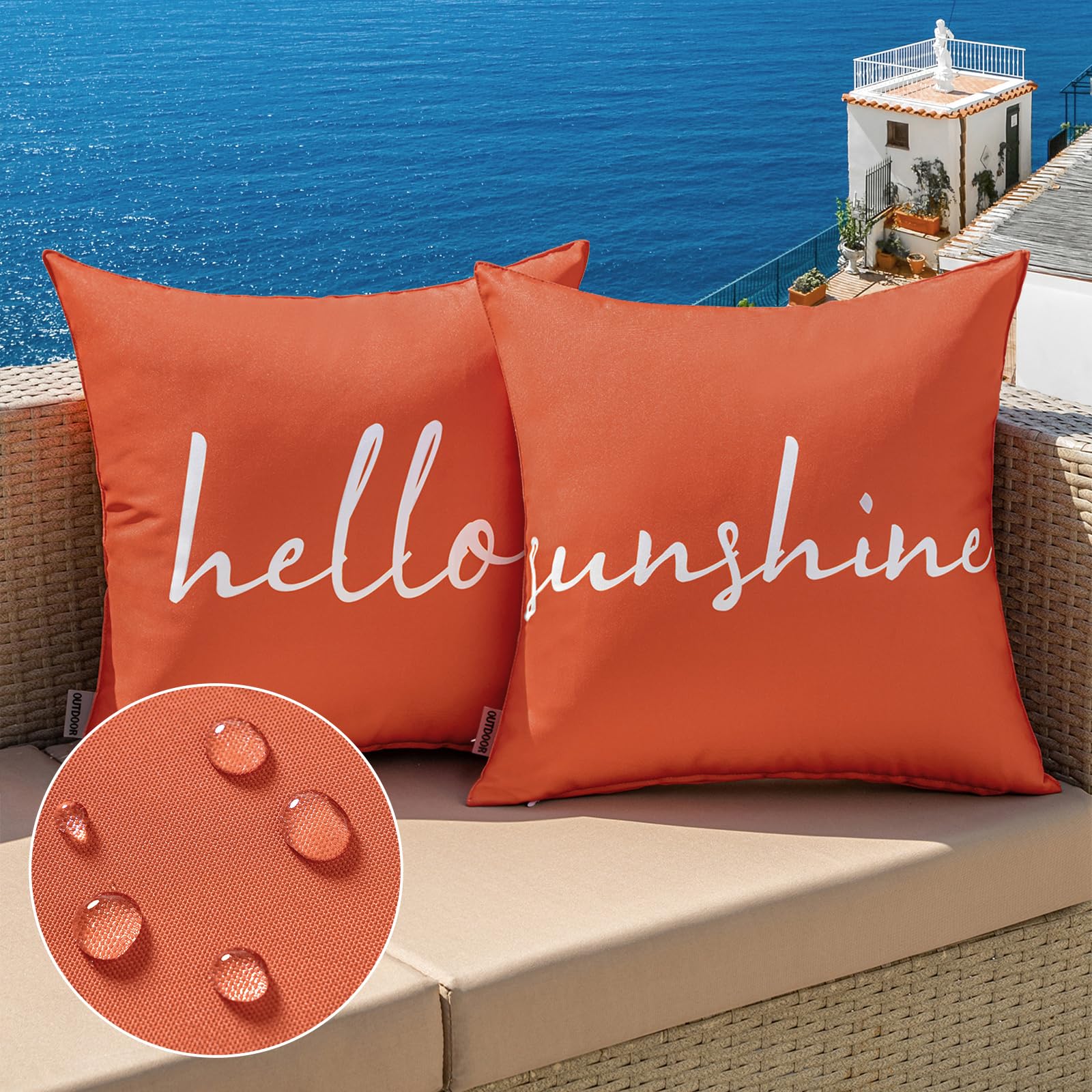 MIULEE Outdoor Waterproof Throw Pillow Covers Set of 2 Hello Sunshine Decorative Outdoor Square Pillowcases for Chair Patio Garden Couch Tent Balcony