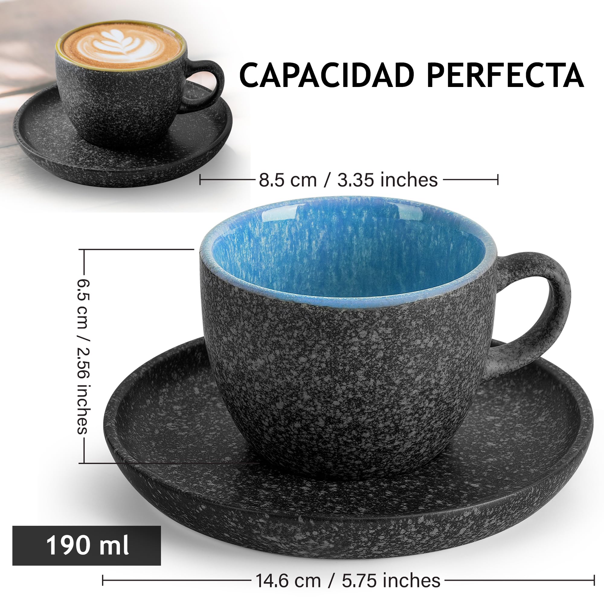 MIAMIO – Taza de Capuchino Apilable de Cerámica de 190 ml con Platillos y Soporte de Metal – Juego de 6 tazas de Capuchino de Gres para Bebidas Especiales de Café, Americano – Colección Las Palmitas
