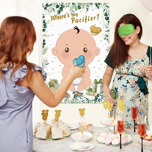 Miniatura 9 de Hxezoc Juegos de baby shower Pin The Chupete en el juego del bebé con 36 calcomanías para chupete, juegos de póster de bebé verde grande para fiesta