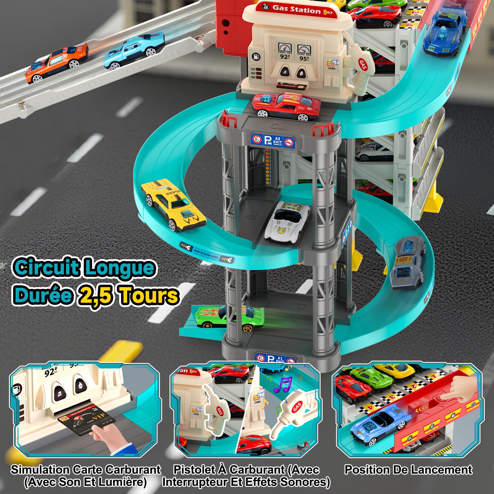 JONRRYIN Circuit Voiture Enfants, Piste de Course avec 5 Etages Garage, Jouet Circuit en Spirale pour Enfants 3+ Ans, 12 Voiture en Elliage et 2 Hélicoptère, Station-Service avec Pompes à Essence