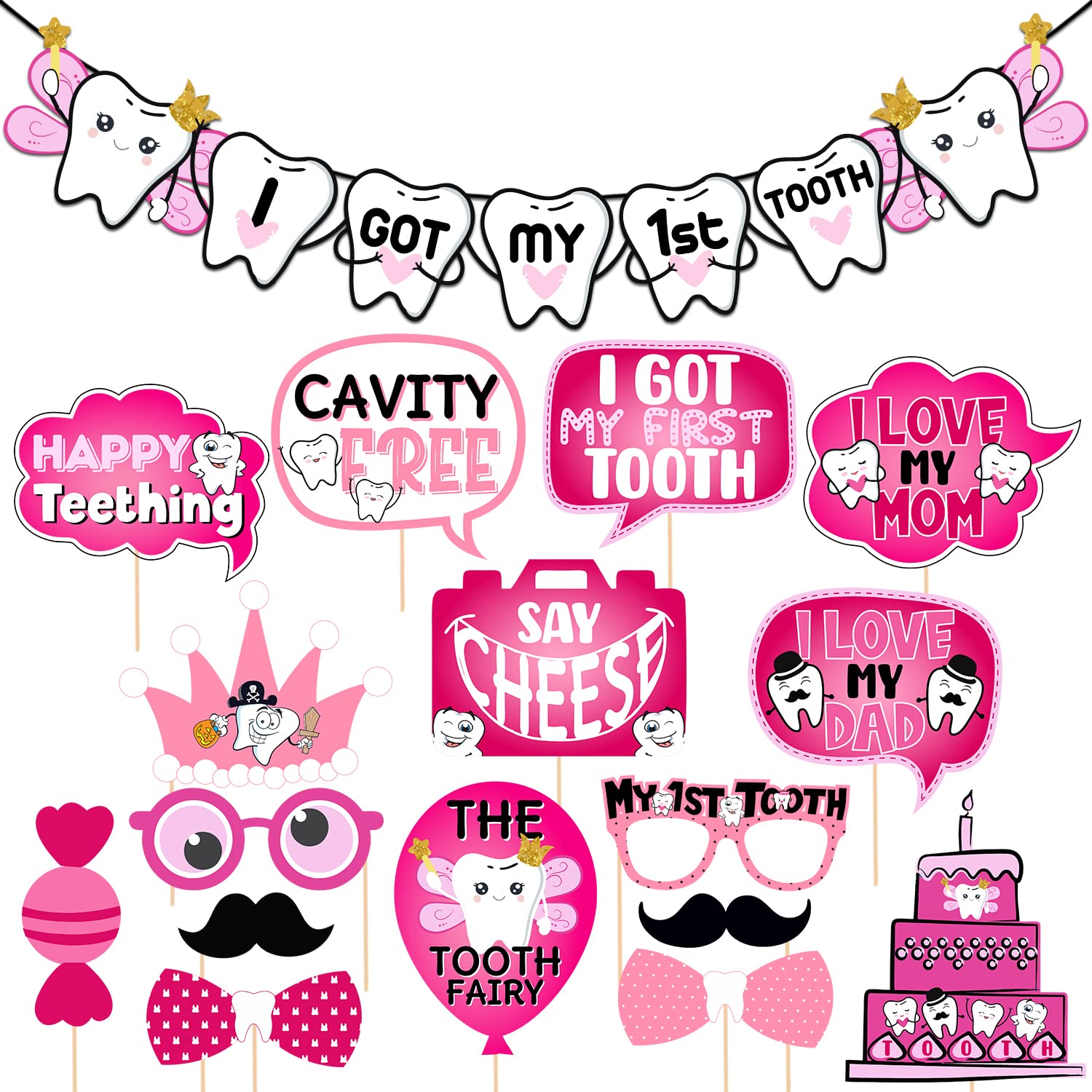 Zyozique 16 Pcs I Got My First Photo Booth Party Props - 1 Set Birthday Paper Banner/Colour Stylish Font/Tooth Decoration Items for Baby (Pack of 17)