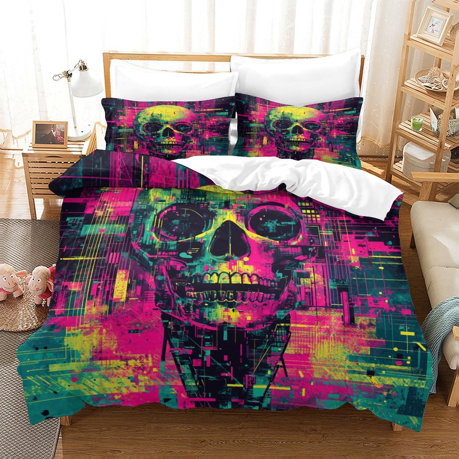 P1s9u7w5y Skull-7 3D Printed Graffiti Skull Duvet Cover Set 3Pcs Microfiber Punk Skull Bedding Set Super King（260X220cm）