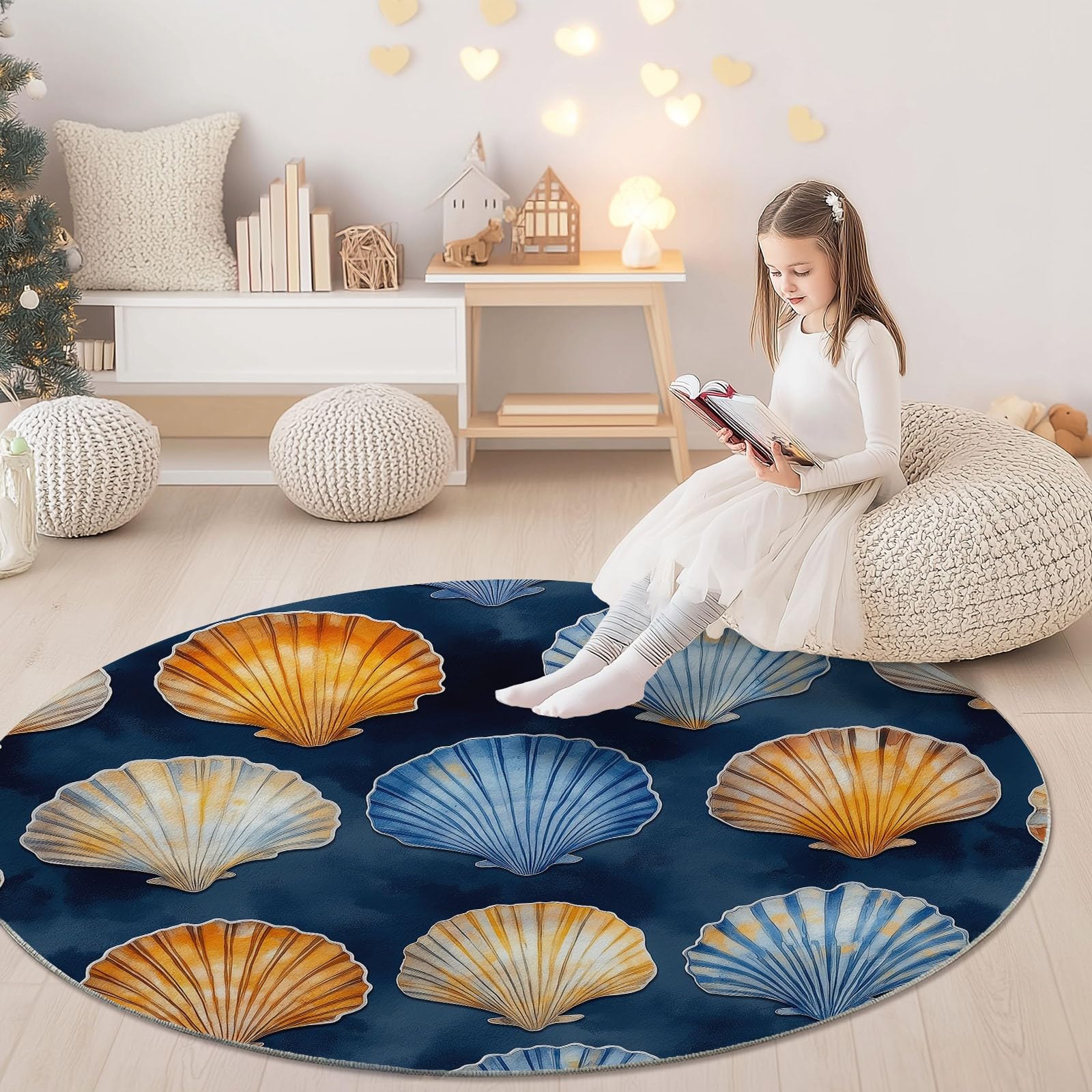 Tappeto rotondo da 245 cm, con stampa di elementi marini acquerellati, moderno, antiscivolo, in flanella, lavabile, per cameretta dei bambini, stanza dei giochi, camera da letto