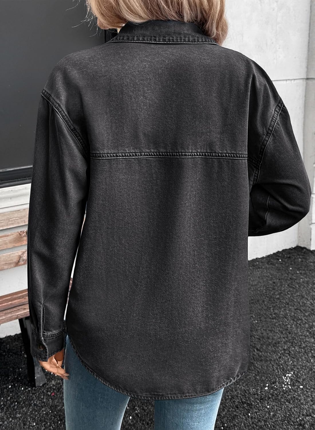 Sidefeel Women Denim Shirts Oversized Long Sleeve Button Down Blouse V Neck Casual Top Shackets - Image 2