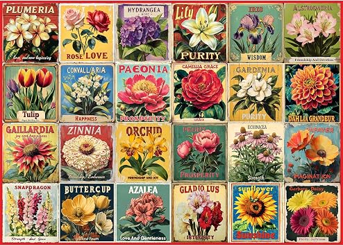Vintage Flower Puzzles for Adults 1000 Pieces, Unique Beautiful Floral Collage Art Jigsaw Puzzles, Spring Nature Plant Themed, Retro Colorful Challenging for Adults