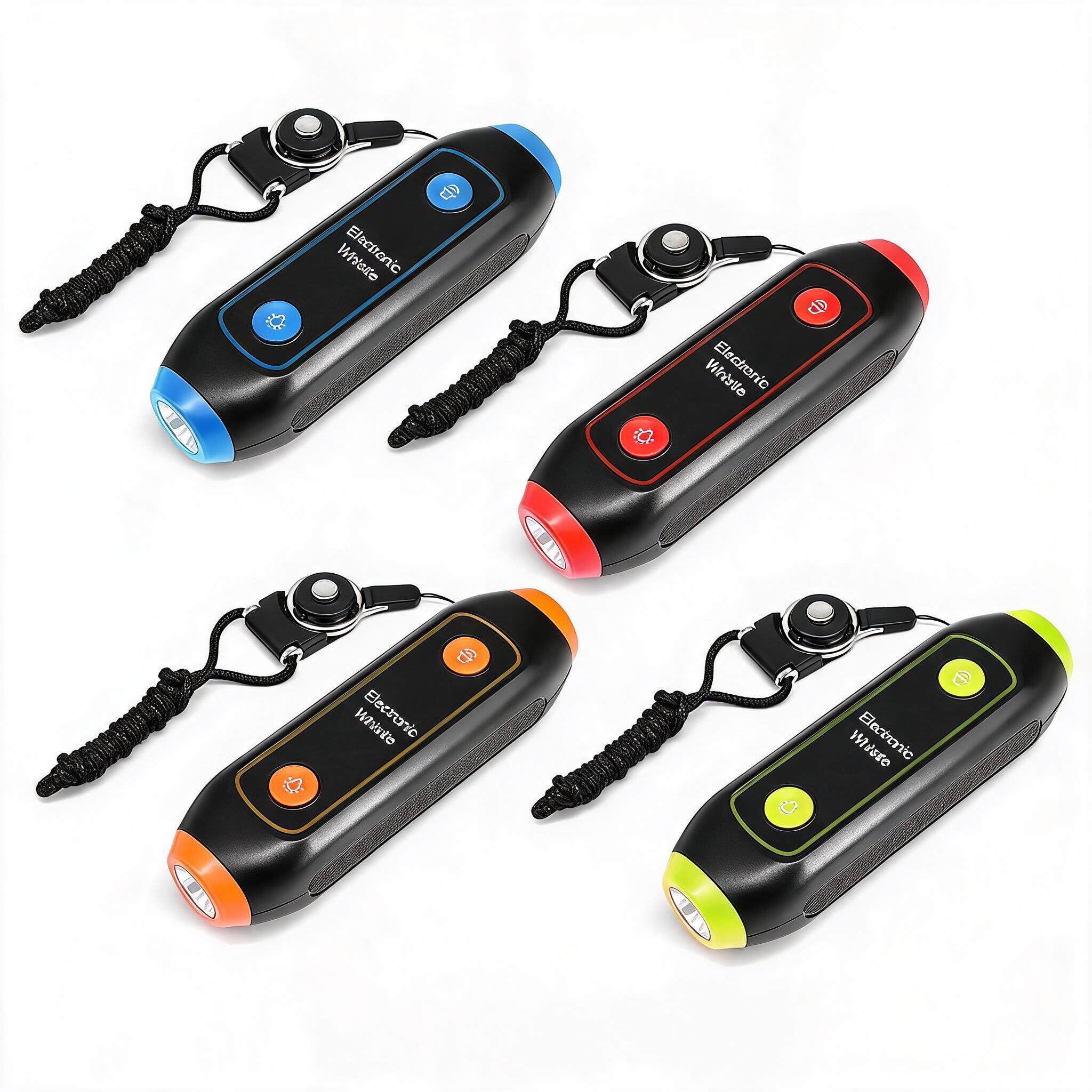 Dpofirs Gwizdek Elektroniczny, 4 Sztuki Gwizdka Bezdotykowego z Regulowanym 3-tonowym Głośnym Dźwiękiem 120–150 Decybeli, Wbudowana Latarka LED i Tryb Stroboskopowy SOS, Ręczny Gwizdek Elektryczny do