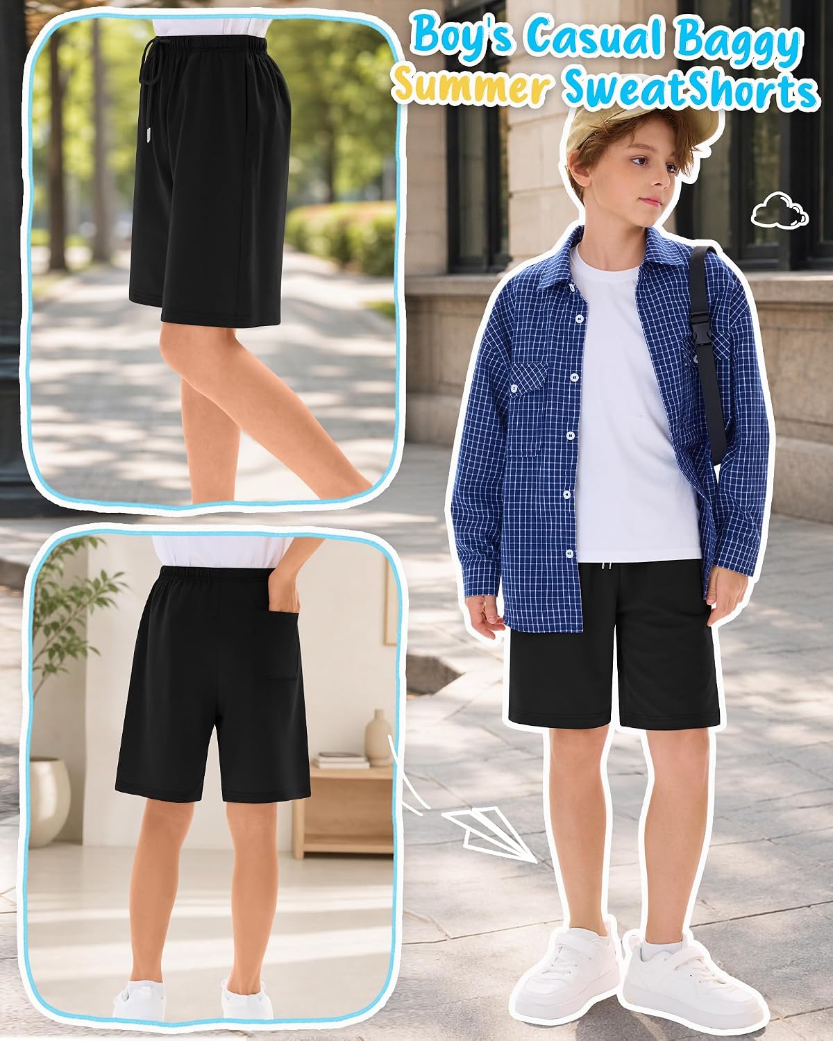 Boys Long Shorts Baggy Athletic Knee Length Pants Summer Bermuda SweatShorts with Pockets 6-14 Years