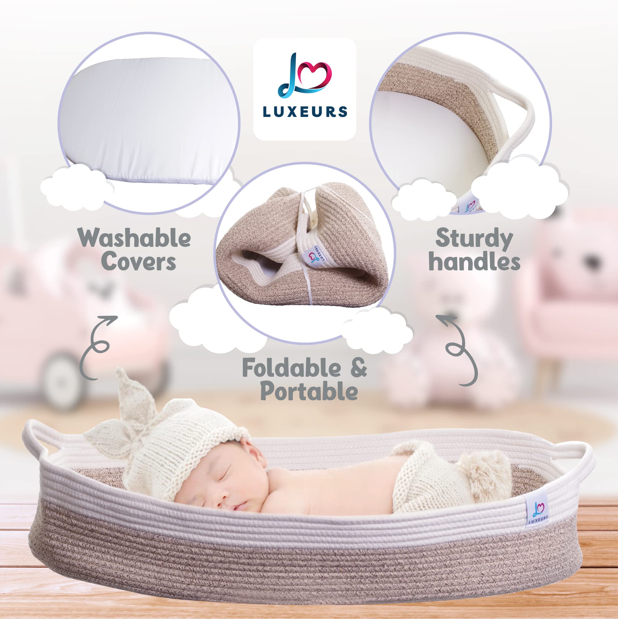 Baby Changing Basket - Diaper Basket Extra Large in Size - Cotton Rope Changing Table Topper Storage Basket, Thick Foam Pad with Removable Cover - Portable Diaper Changing Pad, Moses Basket For Babies