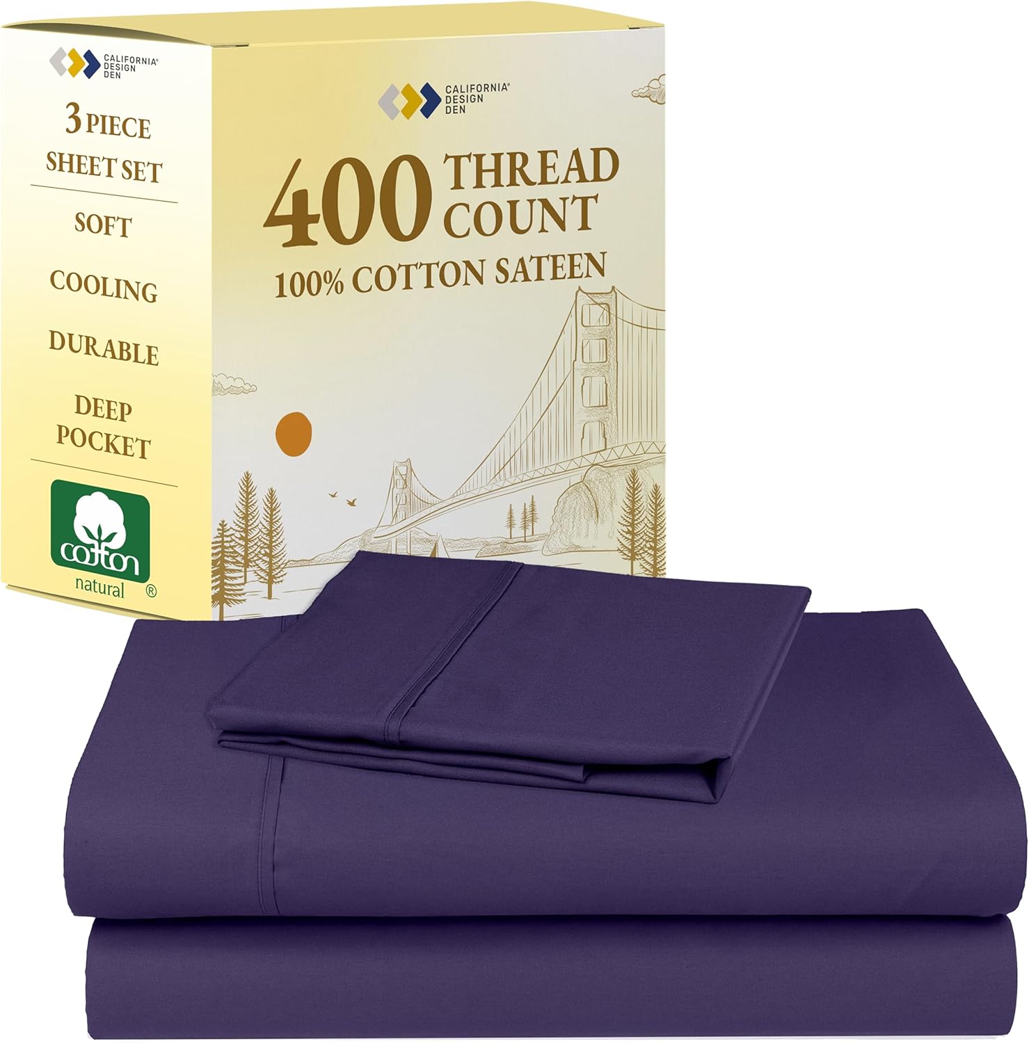 California Design Den Twin XL Sheet Sets - 400 Thread Count Sateen, 100% Cotton Sheets Set, Deep Pockets, Cooling and Durable Bedding for Dorm Rooms & Adults - Purple