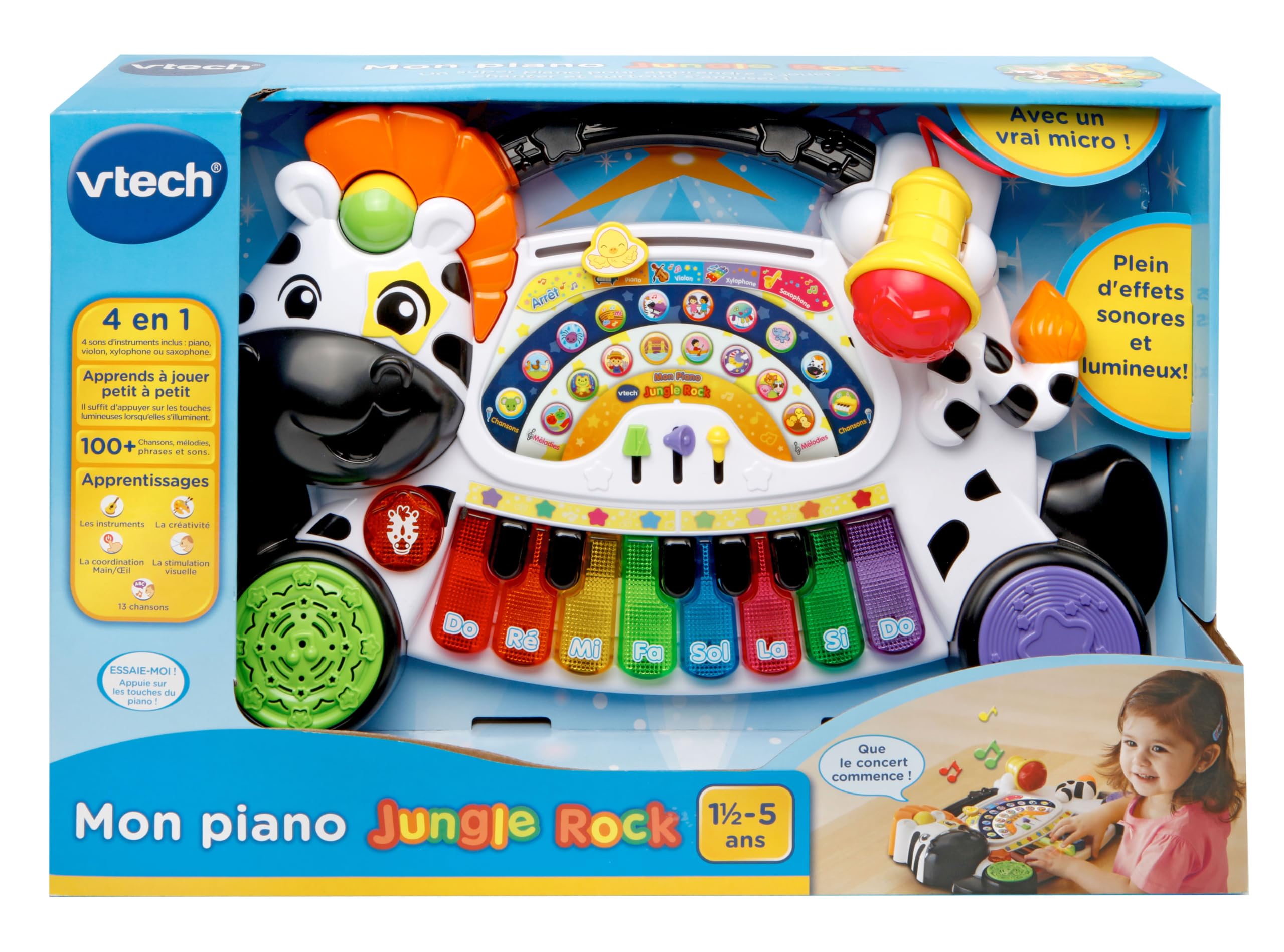 VTech - Mon Piano Jungle Rock, Instrument de Musique Bébé, Piano Interactif 4 en 1 avec Micro Enfant, Jeu d'Éveil Musical, Jouet Lumineux Zèbre, Cadeau Enfant Dès 18 Mois - Contenu en Français